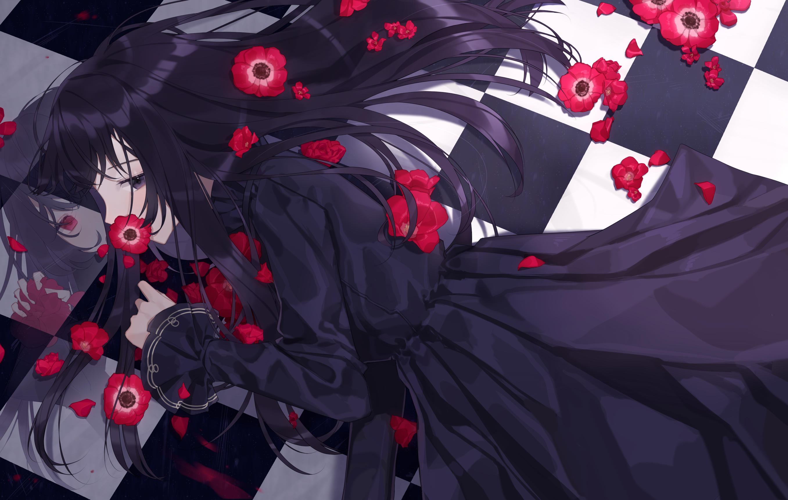 Anime 2713x1722 reflection ground petals flower in hair red eyes black hair black dress tiles lying down anime