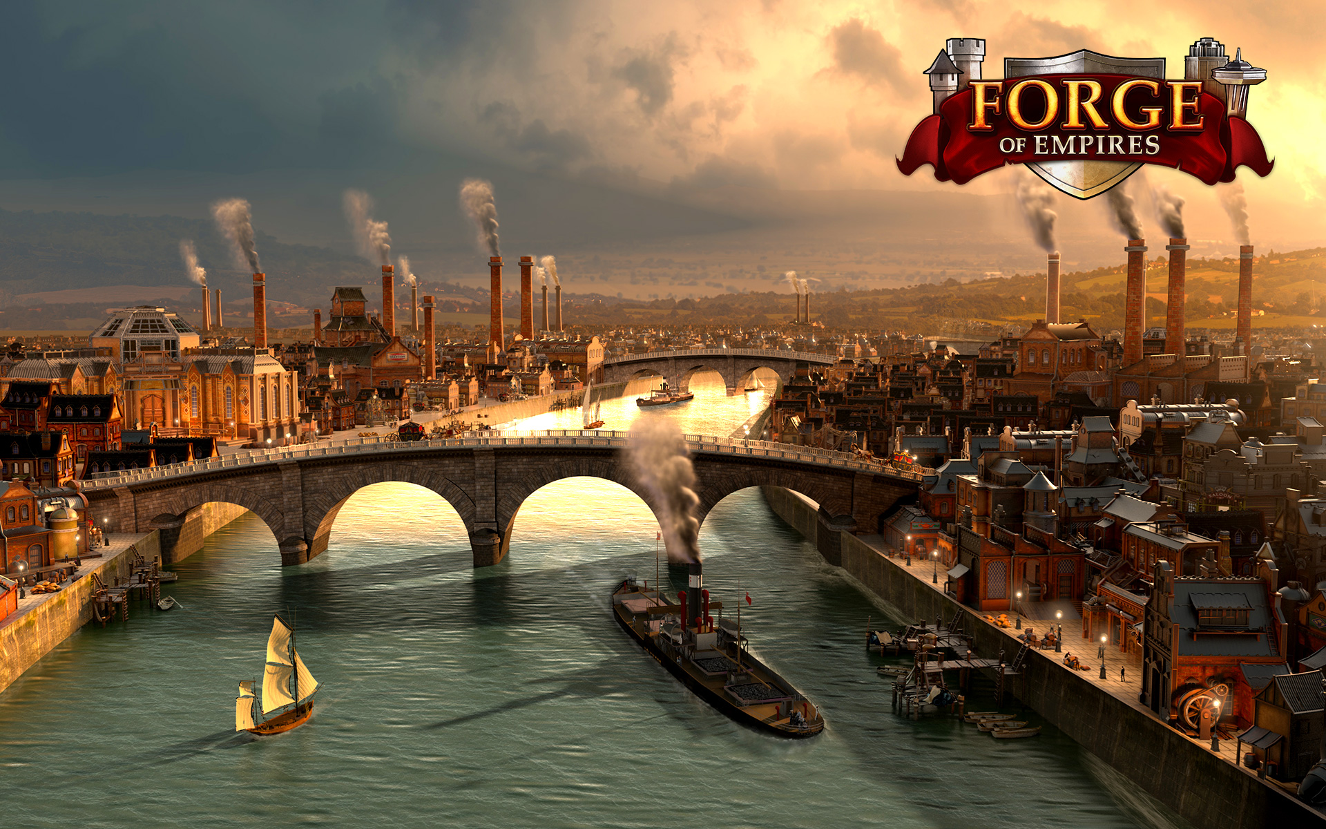 General 1920x1200 ship water bridge Forge of Empires river video games cityscape city building clouds factories chimneys video game art smoke Online games harbor