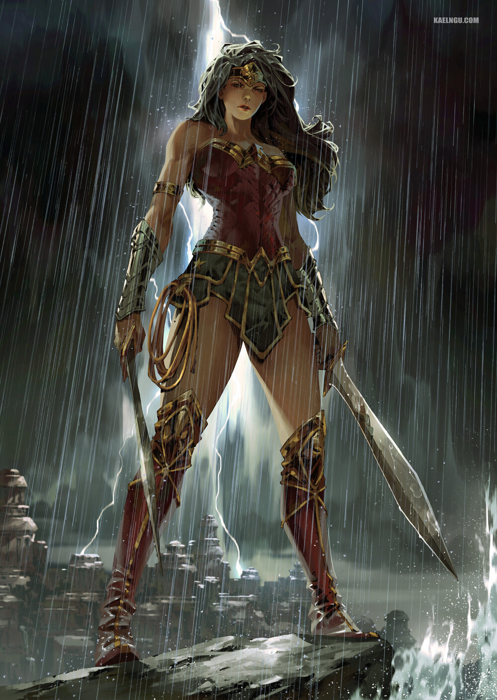 General 1000x1406 fantasy girl rain fantasy art Wonder Woman DC Comics figure-hugging armor