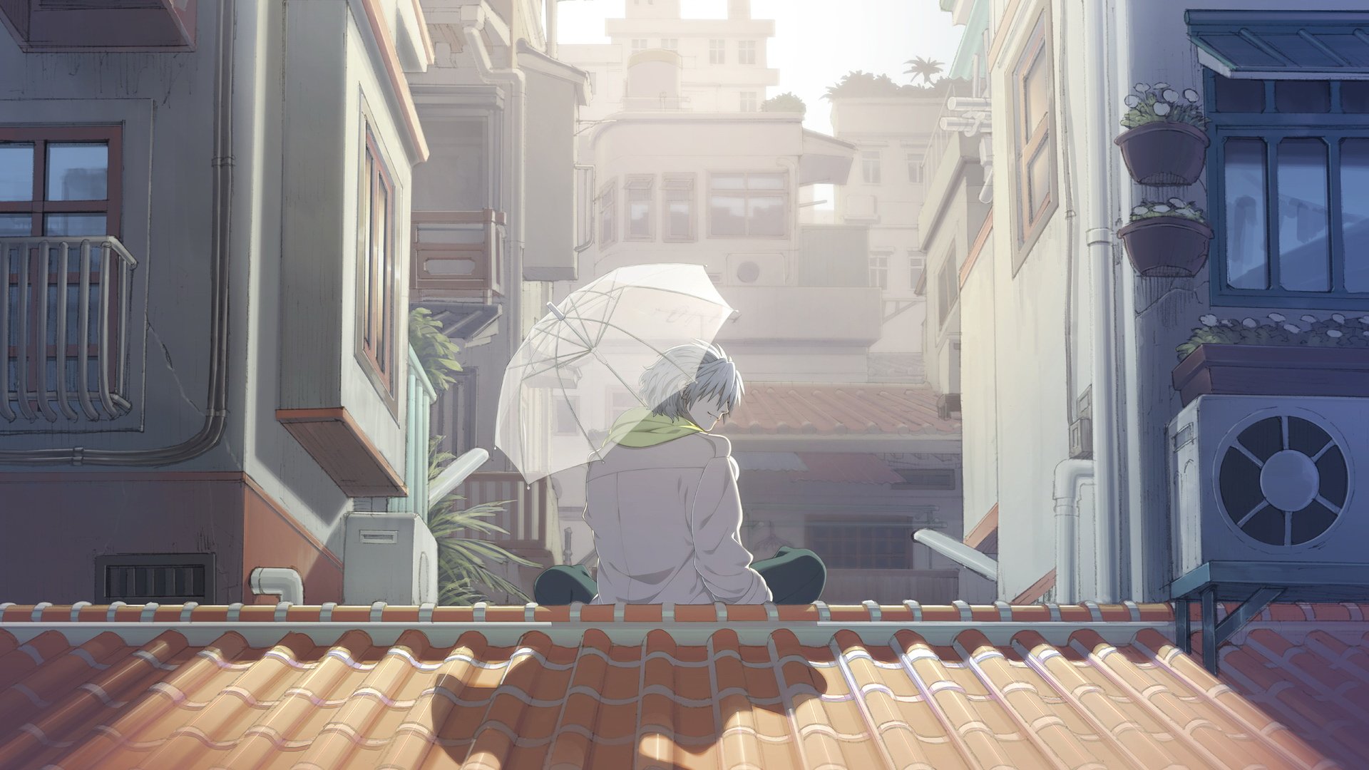 Anime 1920x1080 rooftops anime boys anime umbrella city