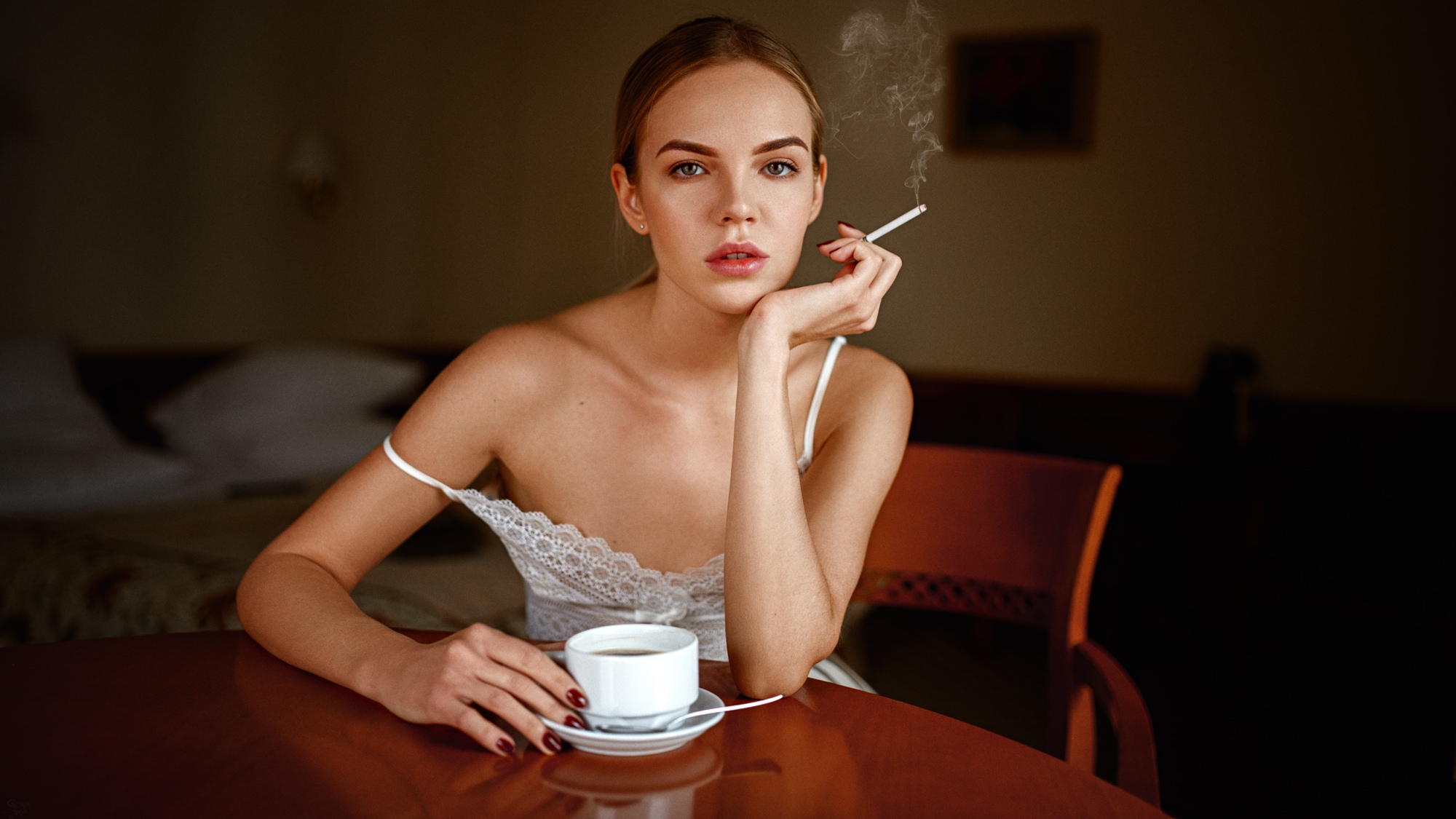 People 2000x1125 women model blonde looking at viewer cigarettes smoke Georgy Chernyadyev collarbone Anastasia Nasonova
