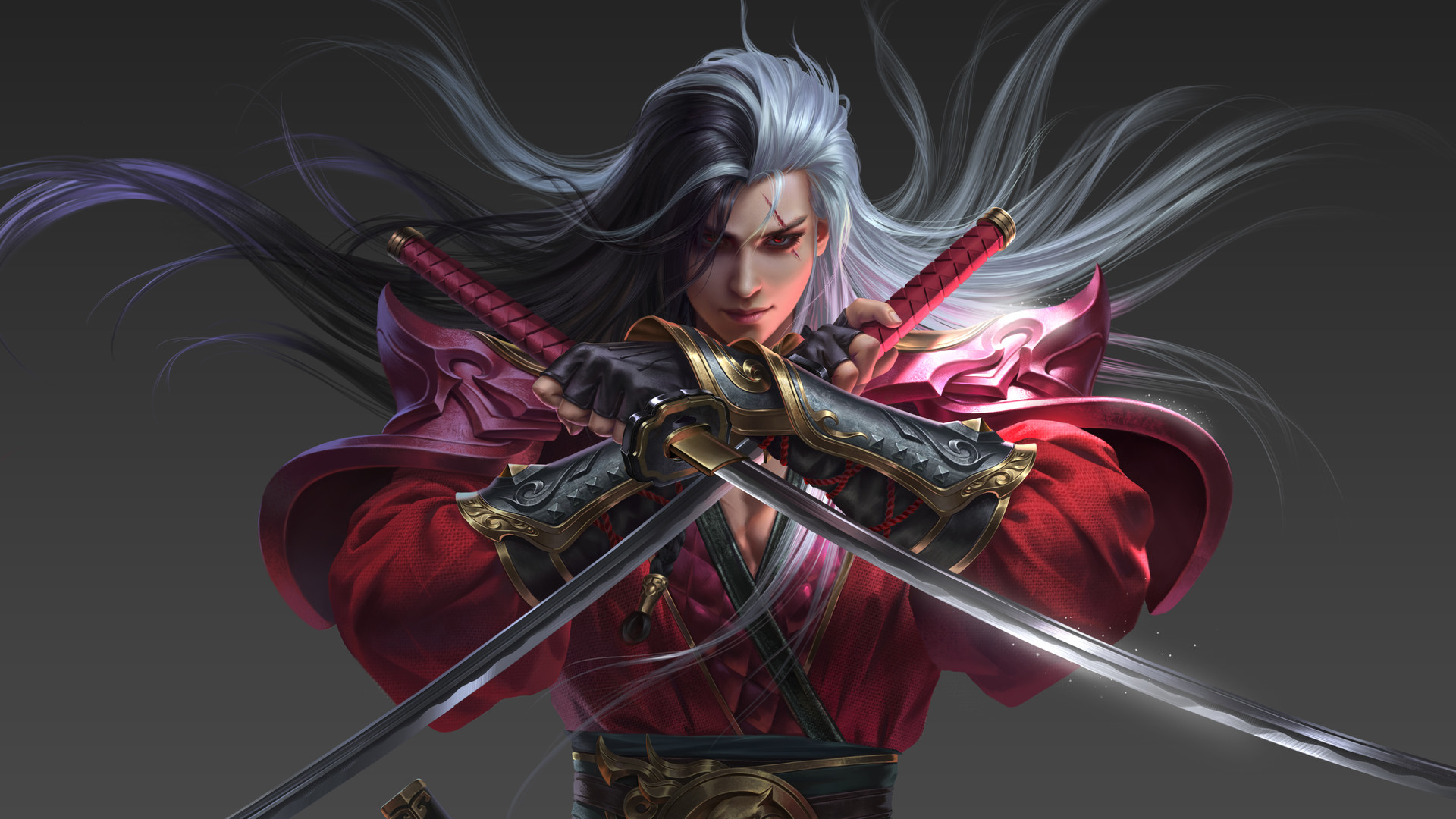 General 1920x1080 drawing Asian men silver hair long hair wind red eyes scars armor gloves weapon wakizashi blades warrior red clothing simple background Yang Chen sword frontal view