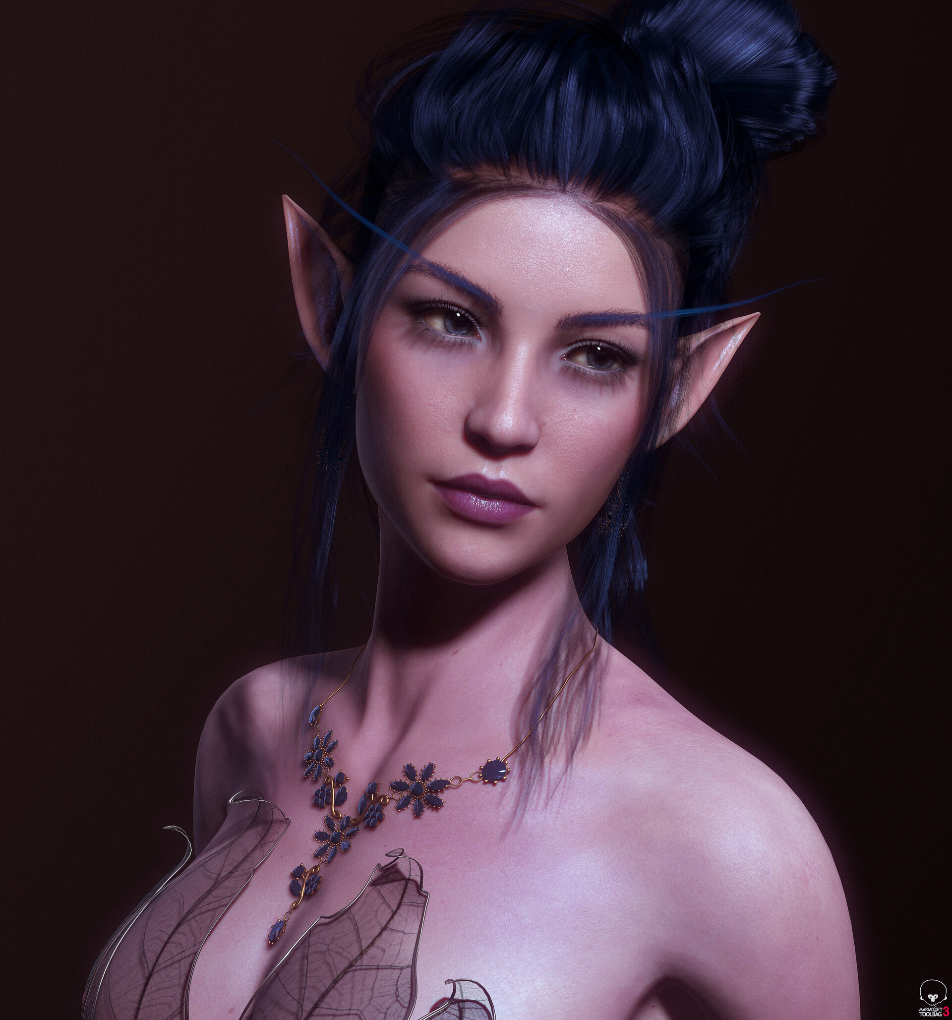 General 1920x2057 Chen Wang CGI women Warcraft night elves elves dark hair blue eyes looking away dress jewelry necklace cleavage see-through clothing simple background pointy ears fantasy girl