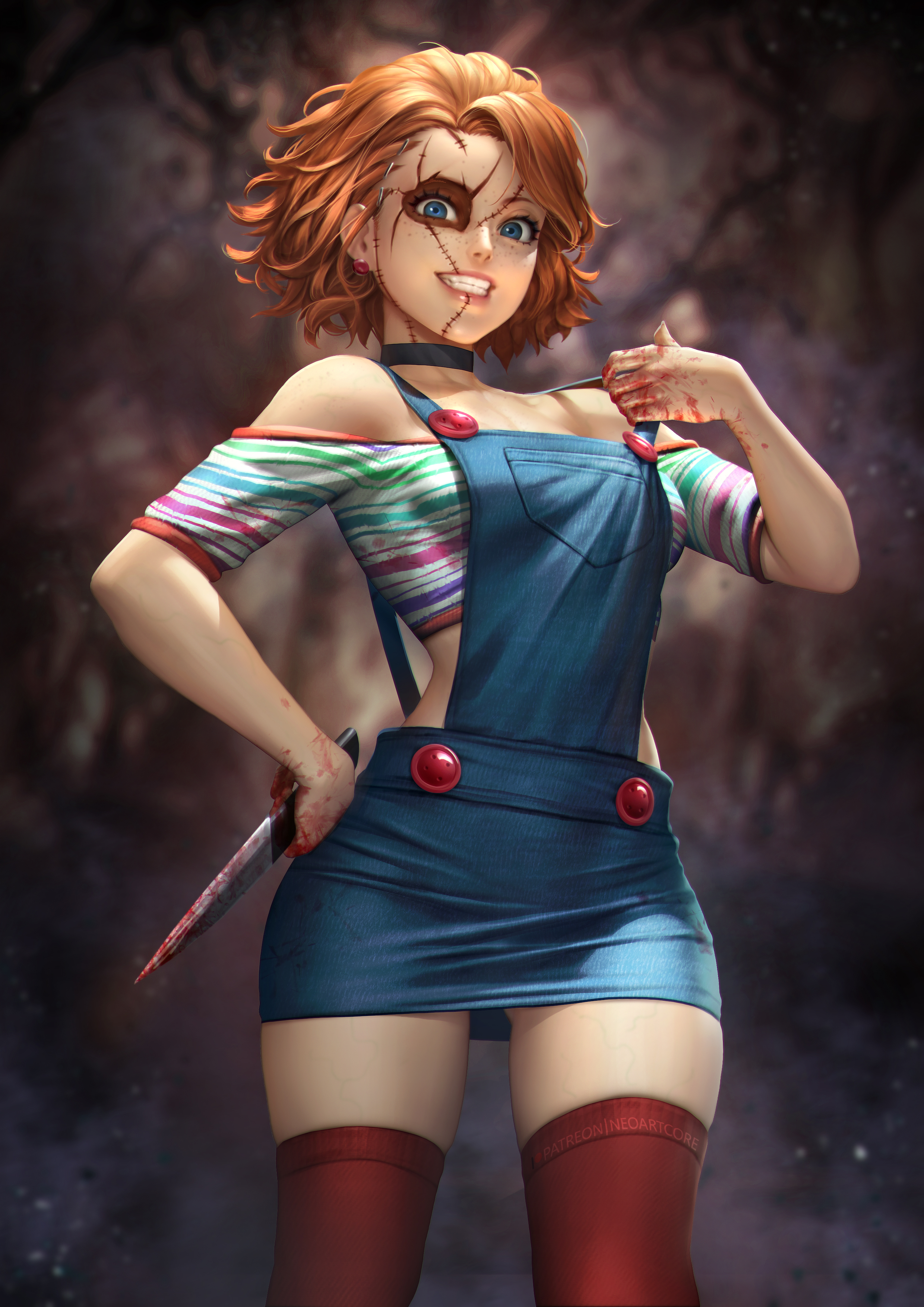 General 2480x3508 Terror movies fantasy girl fan art women redhead long hair scars blue eyes looking at viewer smiling choker knife blood bare shoulders striped tops overalls miniskirt the gap thigh-highs low-angle weapon Halloween artwork drawing digital art illustration NeoArtCorE (artist) Chucky freckles portrait display depth of field petite