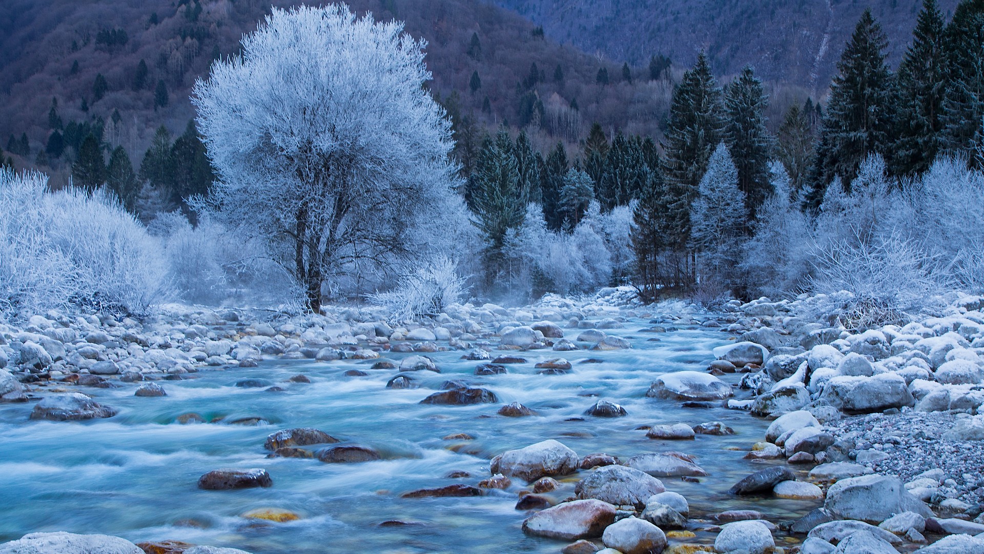 General 1920x1080 nature landscape trees forest mountains rocks water spring long exposure winter river Soča River Slovenia