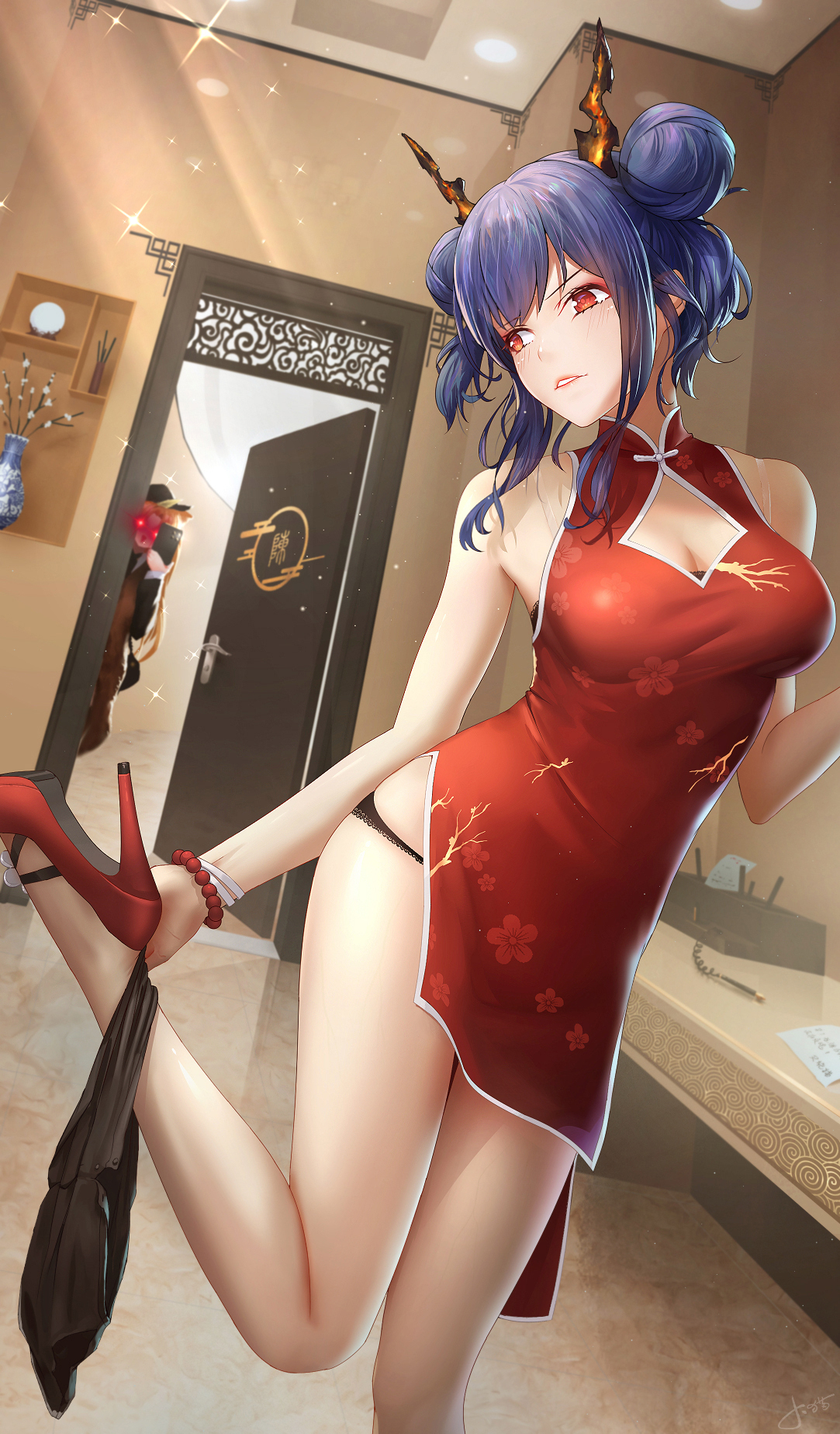 Anime 1083x1848 anime anime girls legs red heels red eyes Chen (Arknights) Swire (Arknights) horns blue hair Chinese dress undressing panties Jay Xu artwork Arknights