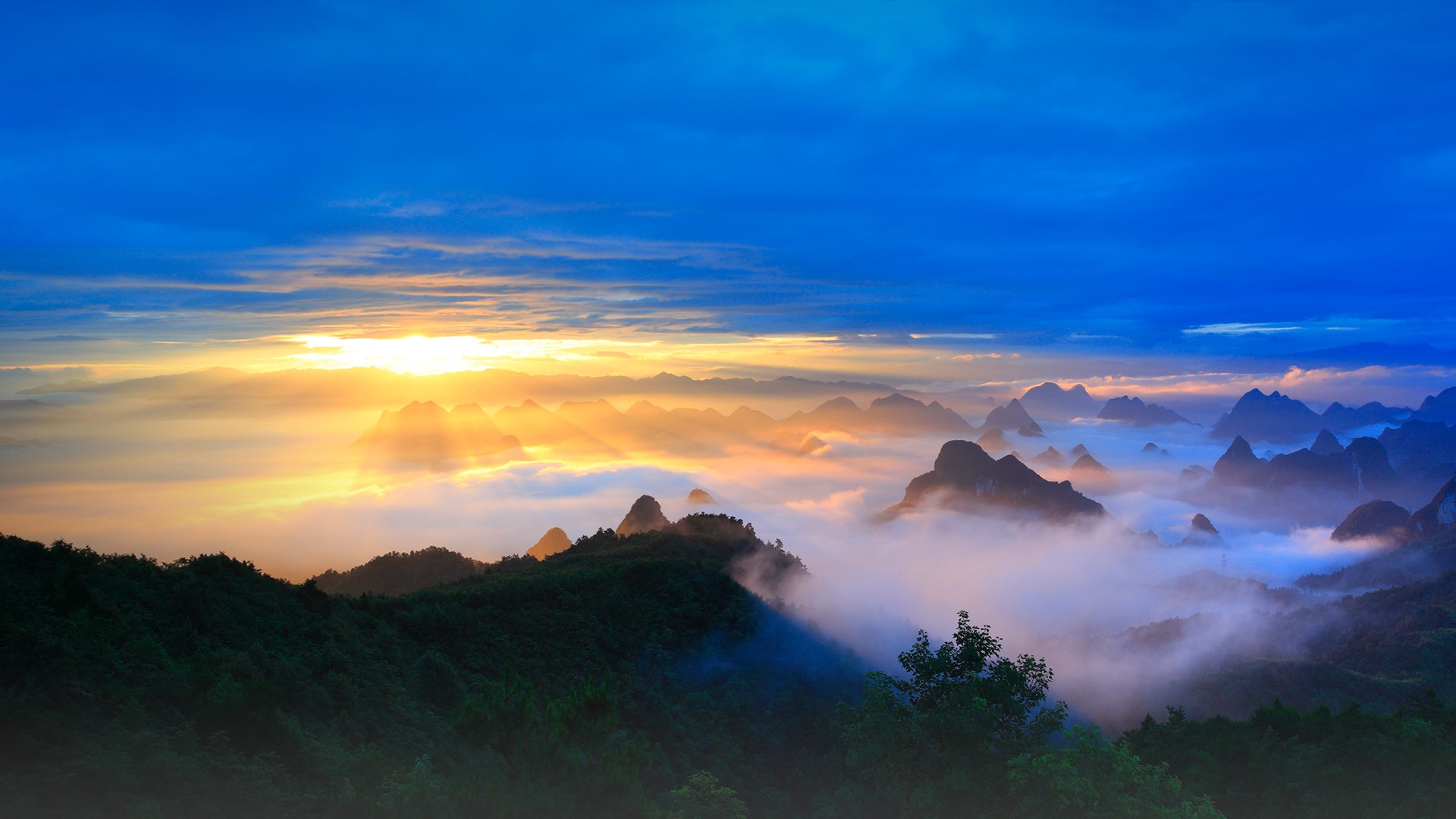 General 1920x1080 nature landscape mist clouds trees forest Sun sun rays horizon mountains sunrise Guilin China