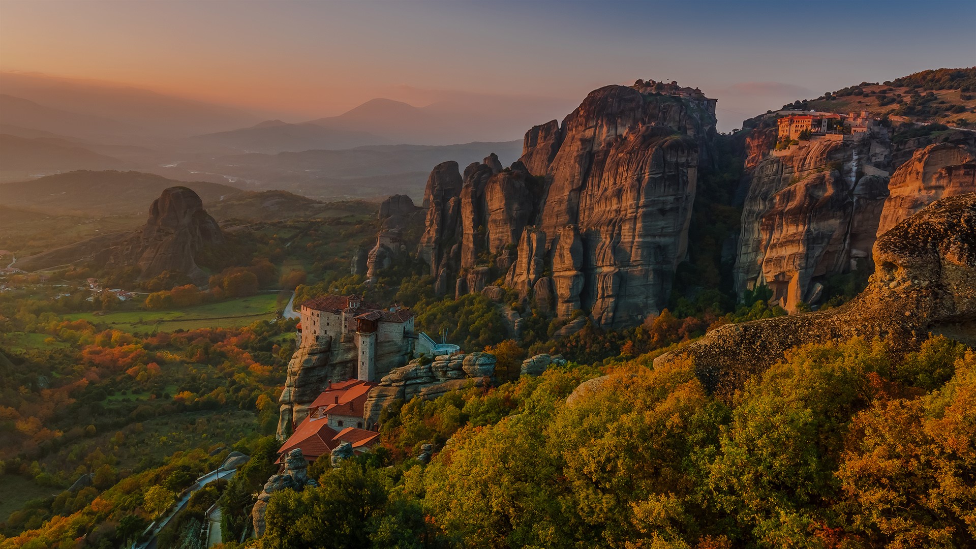General 1920x1080 nature landscape mountains sky clouds rocks trees forest mist plants house village stairs valley monastery Greece Kalampaka Meteora