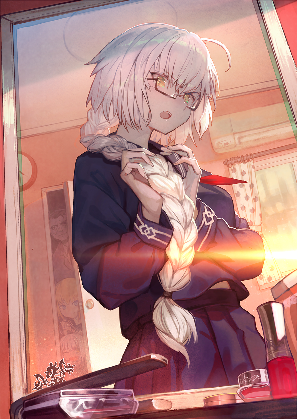 Anime 992x1400 anime anime girls digital art artwork 2D portrait display low-angle Lack (artist) Fate series Fate/Grand Order Jeanne d'Arc (Fate) Jeanne (Alter) (Fate/Grand Order) silver hair braids yellow eyes glasses reflection