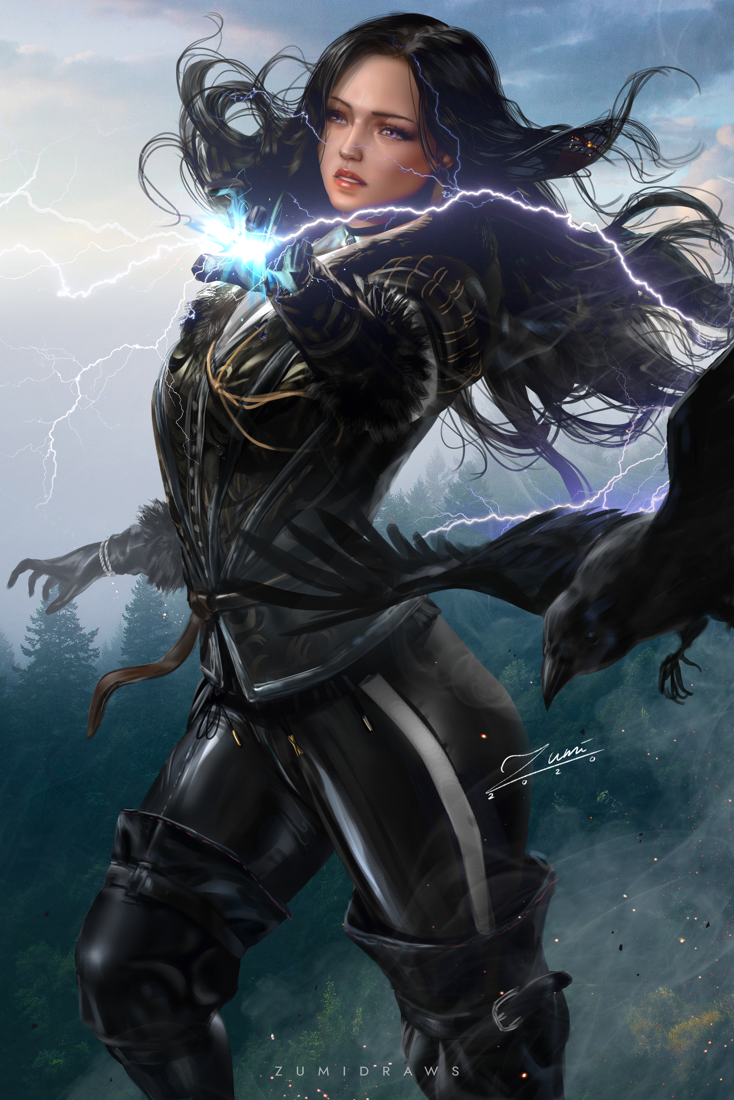 General 2339x3508 Yennefer of Vengerberg The Witcher video games video game characters video game girls fantasy girl fictional character women black hair long hair black clothing looking away lightning raven birds choker forest trees gloves thigh high boots artwork drawing digital art portrait display illustration fan art Zumi