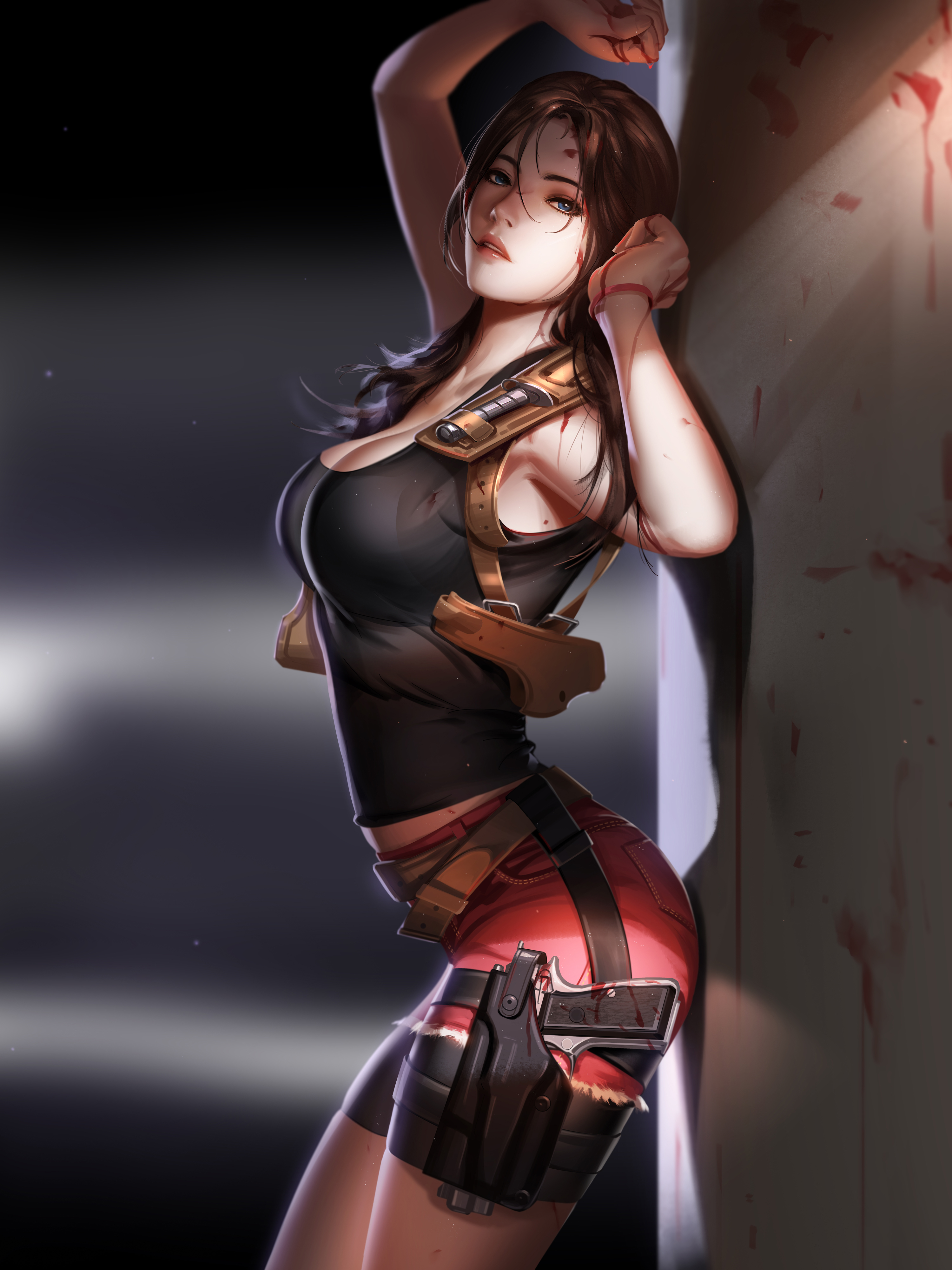 Anime 3000x4000 video games video game girls video game characters women brunette long hair looking at viewer blue eyes side view cleavage tank top black top jean shorts arched back pistol depth of field sensual gaze portrait display fan art artwork drawing digital art illustration Jason Liang big boobs