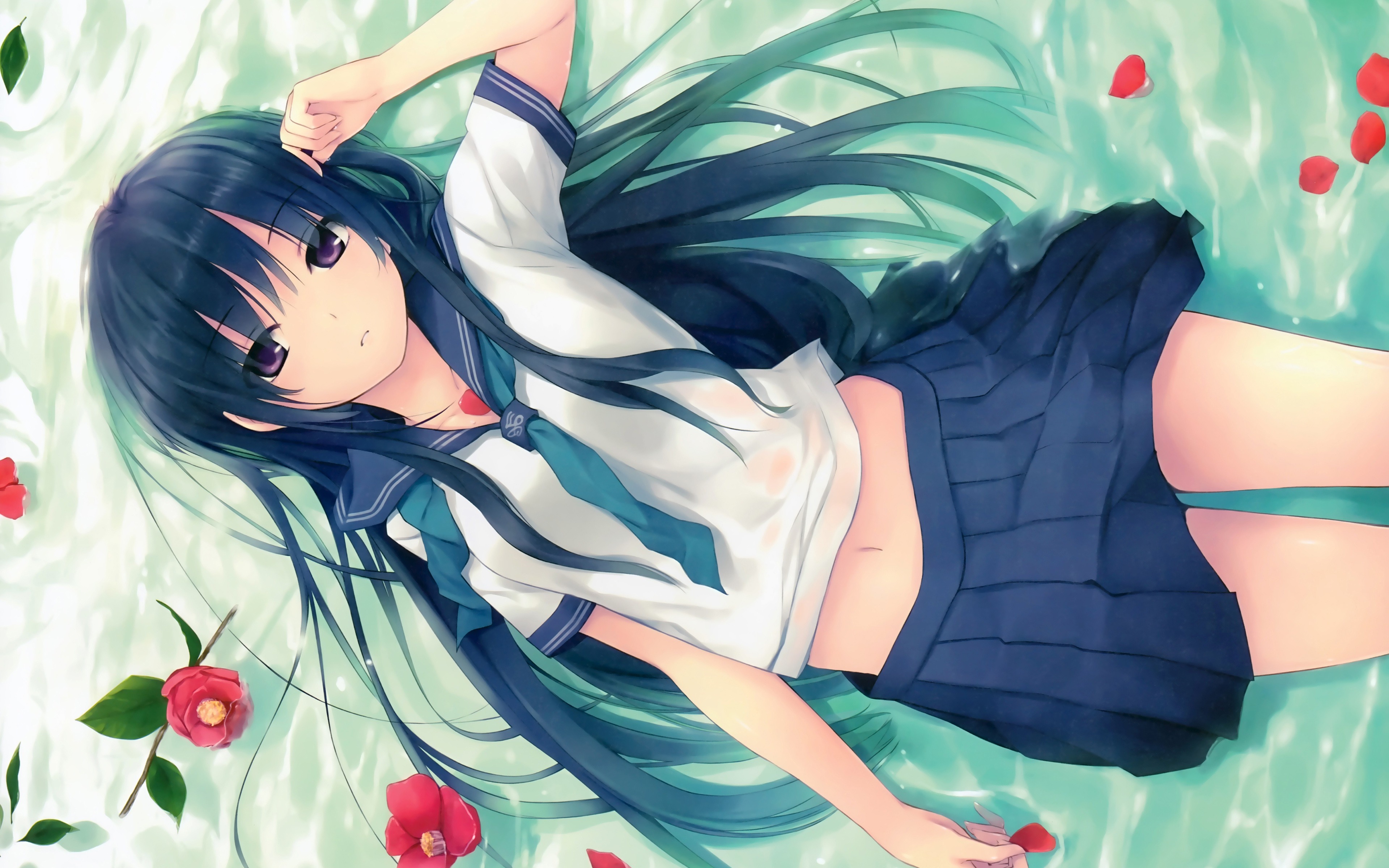 Anime 3840x2400 anime girls schoolgirl skirt lying down blue hair long hair flowers school uniform