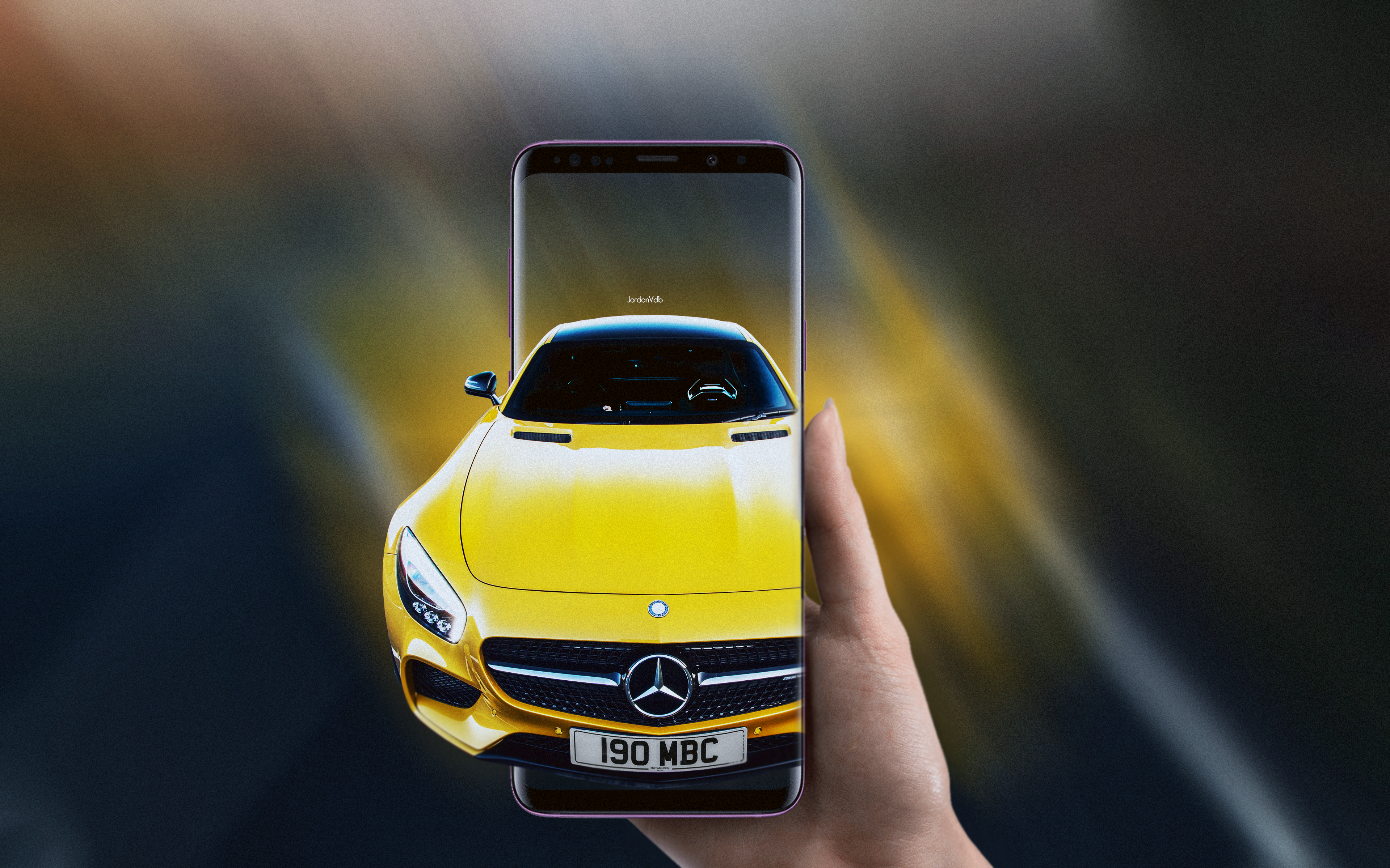 General 3840x2400 car photo manipulation German cars Grand Tour iPhone Mercedes-Benz vehicle Mercedes-AMG GT frontal view phone simple background hands minimalism yellow cars