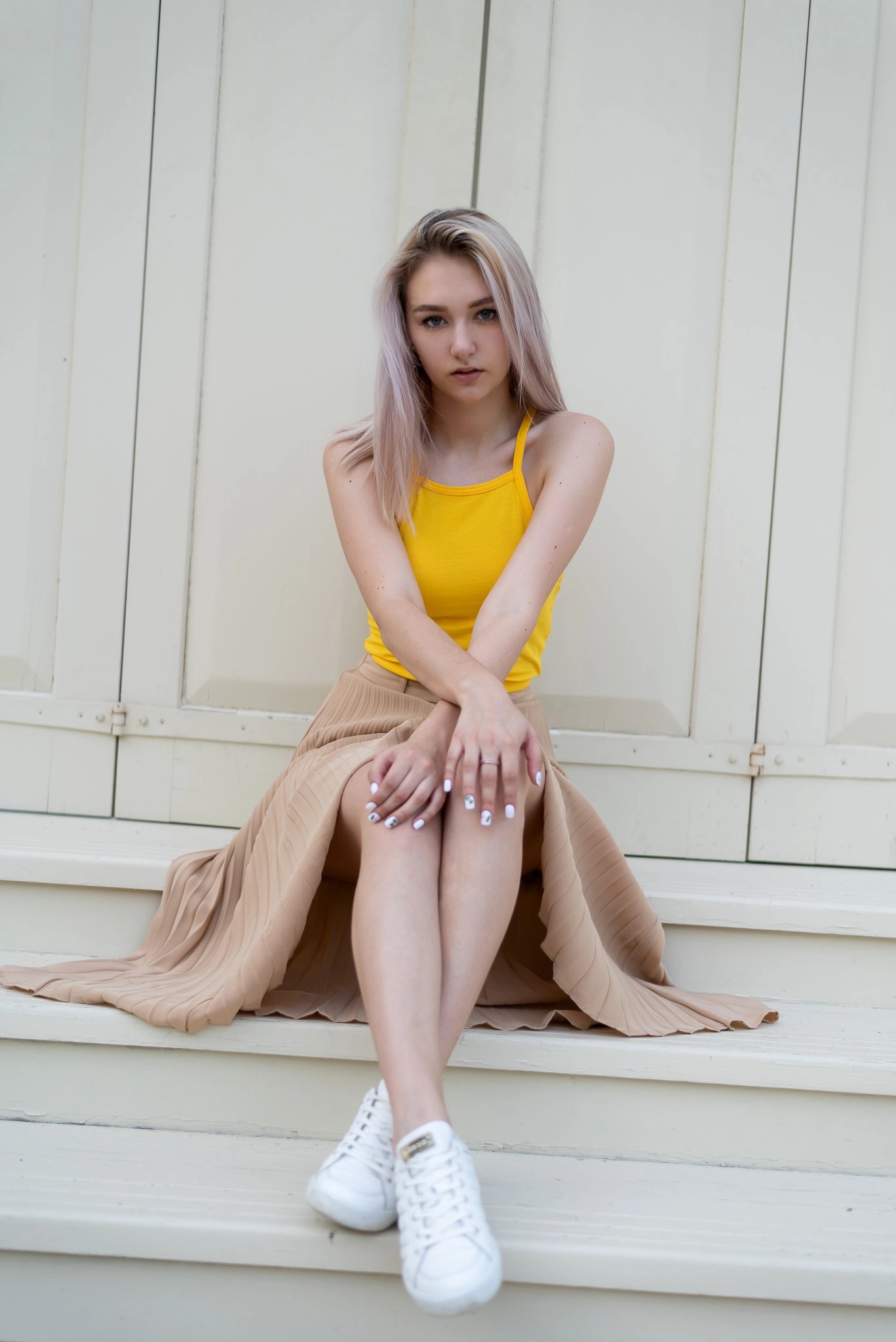 People 1367x2048 blonde tank top bare shoulders shoes skirt looking at viewer women on the floor stairs sitting white nails Alina Kabachnikova yellow tops