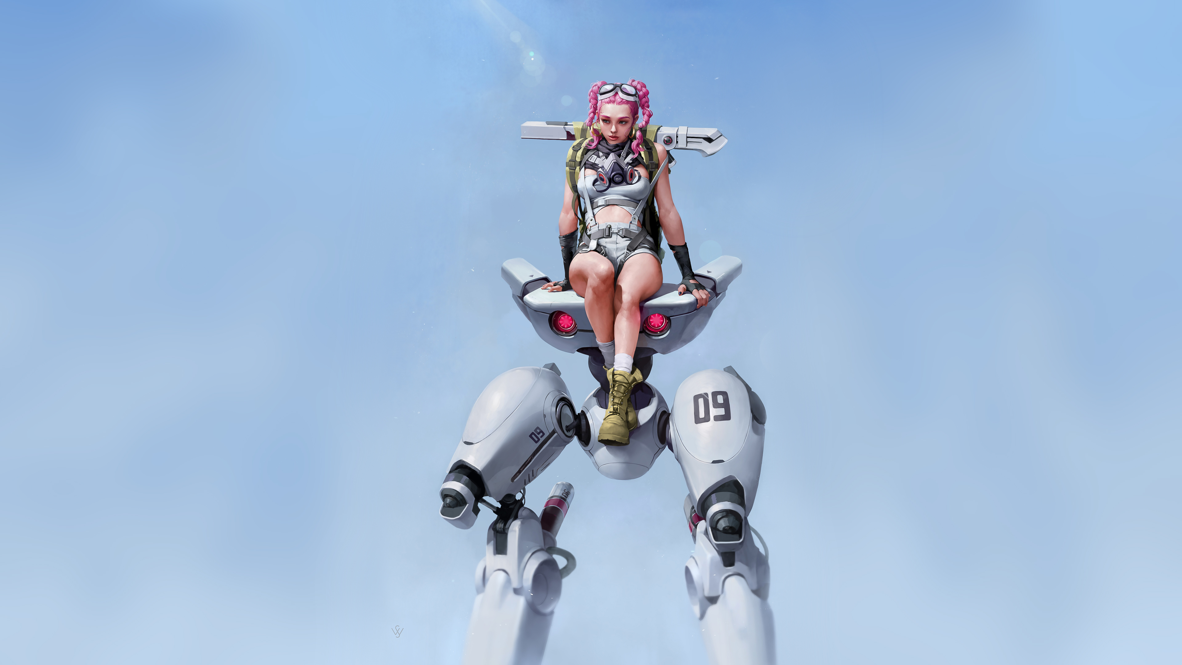 General 3840x2160 cyberpunk robot blue background pink hair braids mecha girls simple background digital art