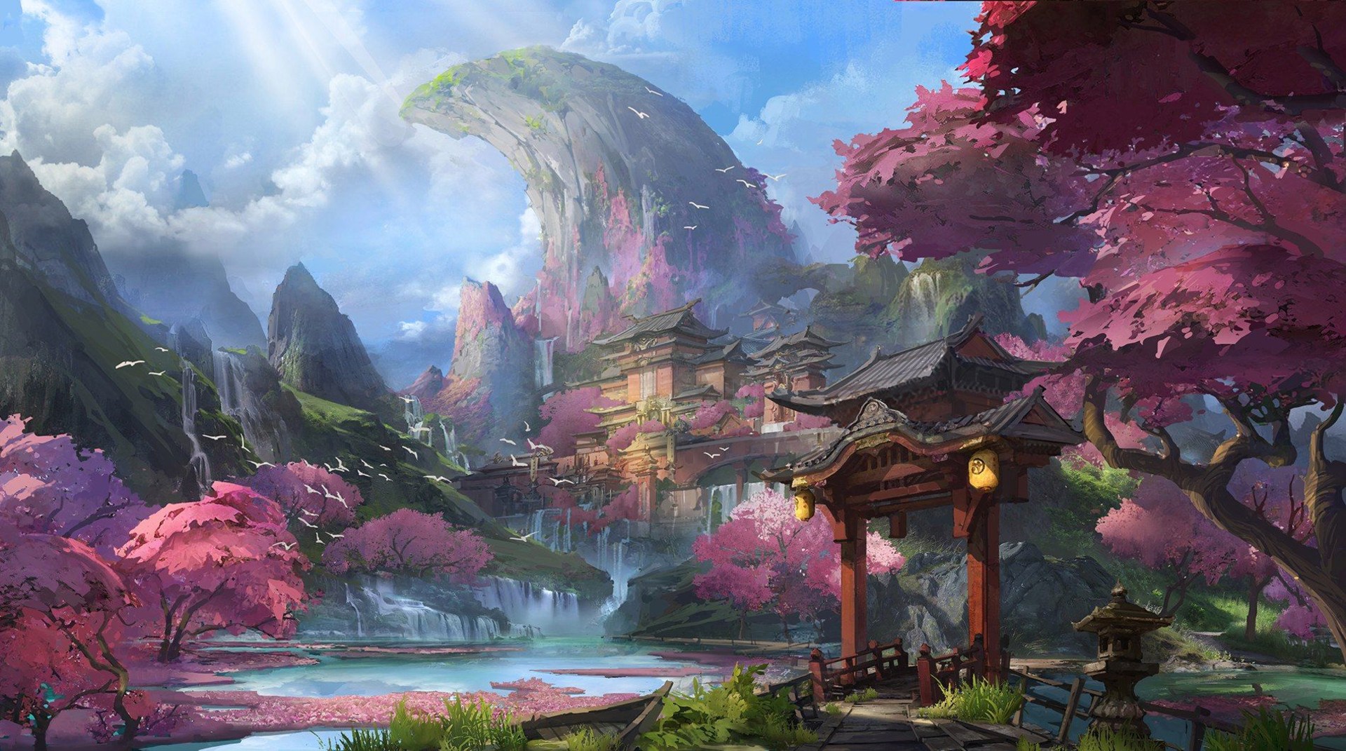 artwork, fantasy art, Chinese architecture, mountains, cherry blossom, river | 1920x1071