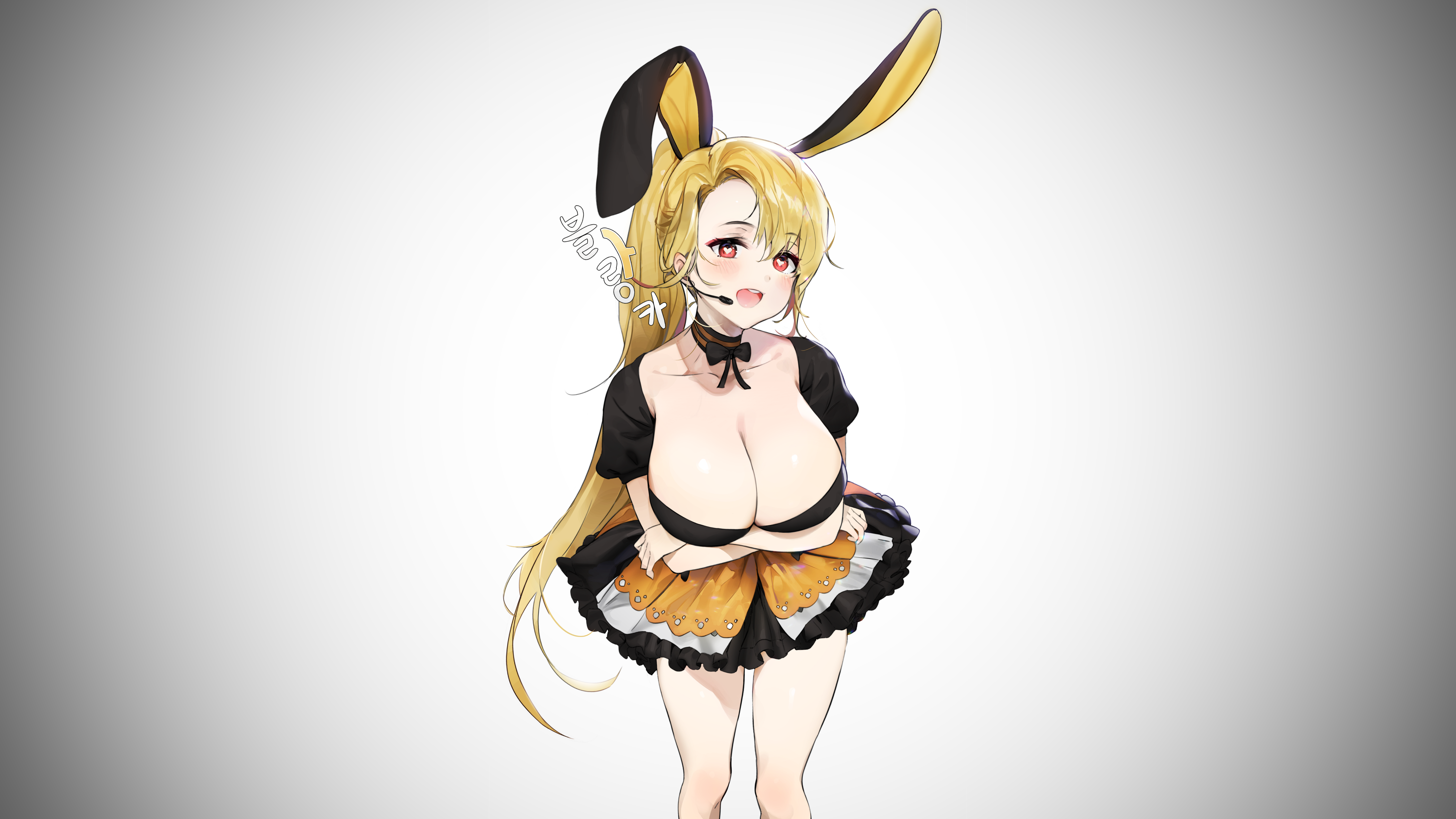 Anime 7111x4000 anime anime girls original characters bunny girl bunny ears blonde ponytail long hair red eyes looking at viewer blushing happy portrait big boobs cleavage dress arms crossed necklace microphone white background simple background vignette artwork digital art drawing illustration 2D
