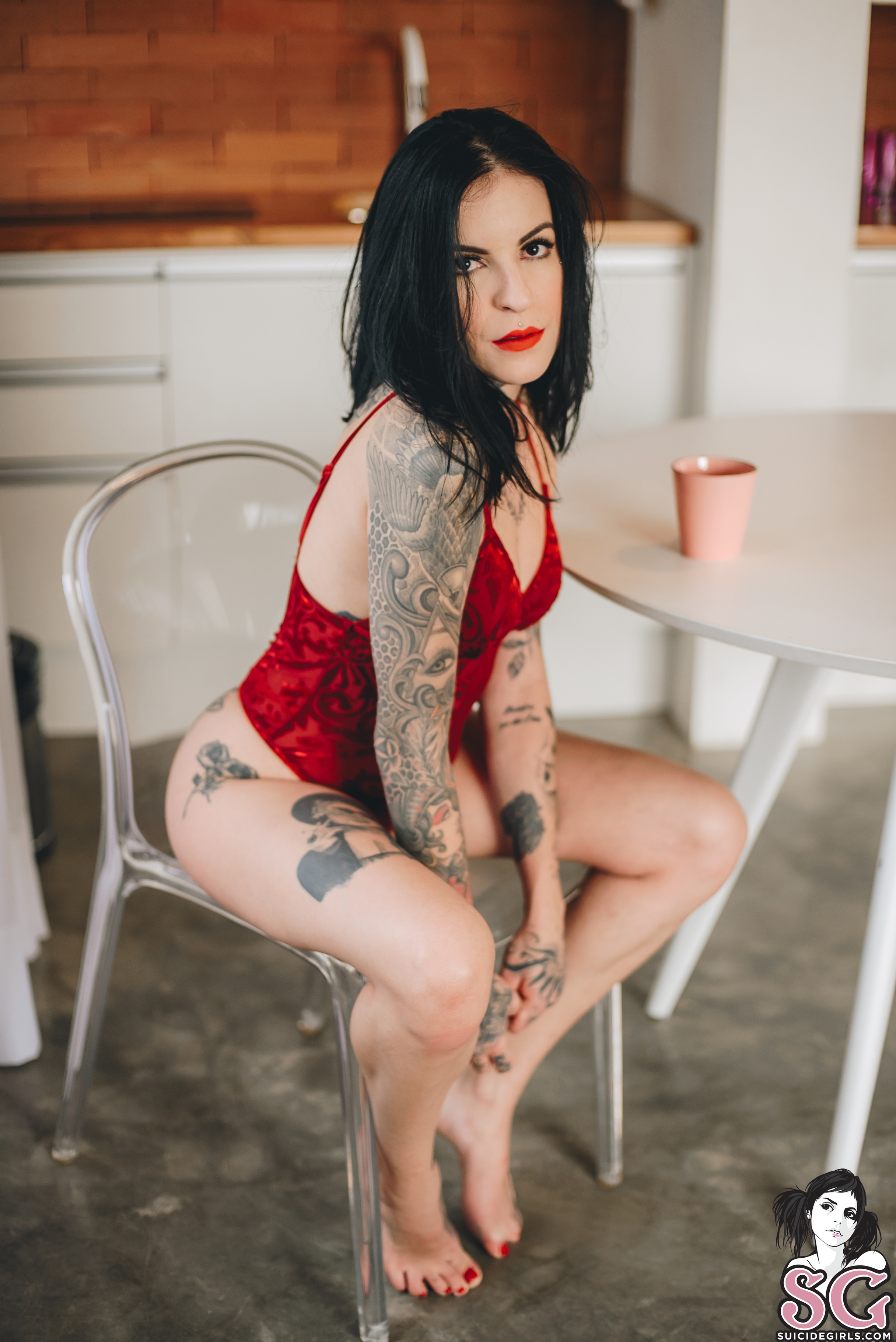 People 2432x3643 Lyn suicide Suicide Girls women portrait display watermarked chair sitting indoors tattoo inked girls one-piece-lingerie table painted toenails