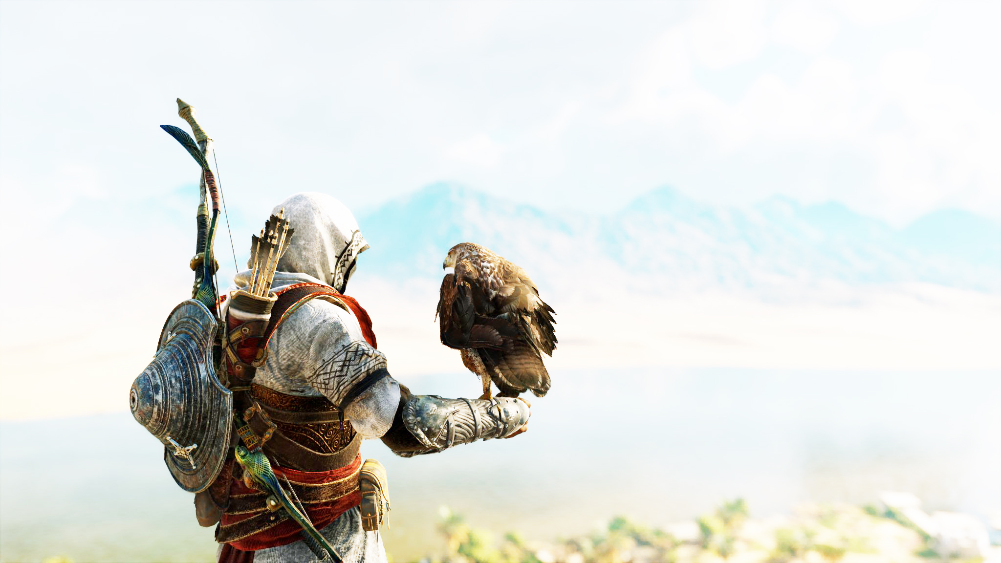 General 2048x1152 Assassin's Creed: Origins Assassin's Creed birds video games Bayek Senu video game art video game characters CGI hoods eagle animals mountains shield bow and arrow