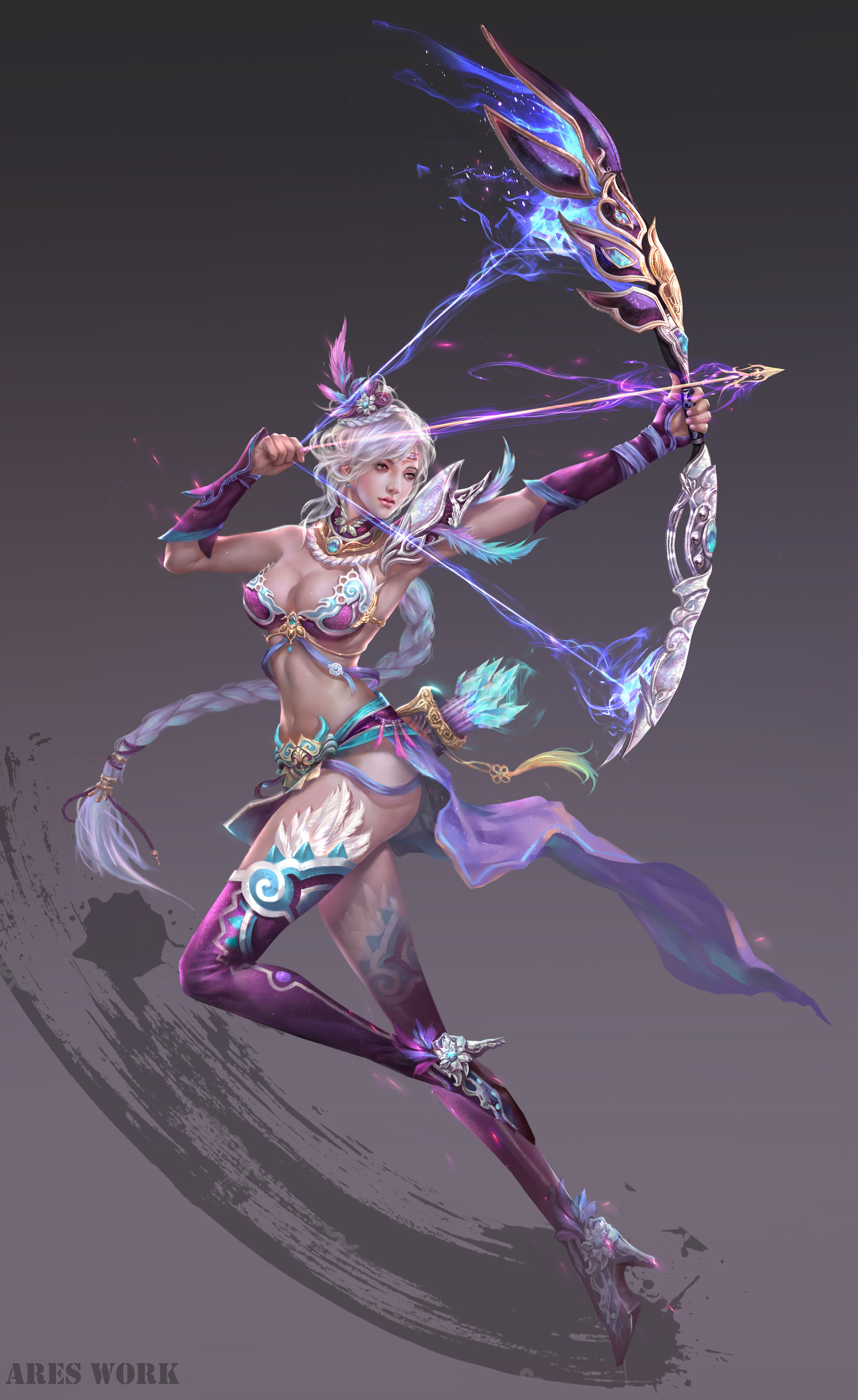 General 1920x3133 drawing women archer hair accessories feathers glowing purple elbow gloves armor skimpy clothes aiming bow arrows thigh-highs high heels fighting simple background silver hair magic Ares (artist)