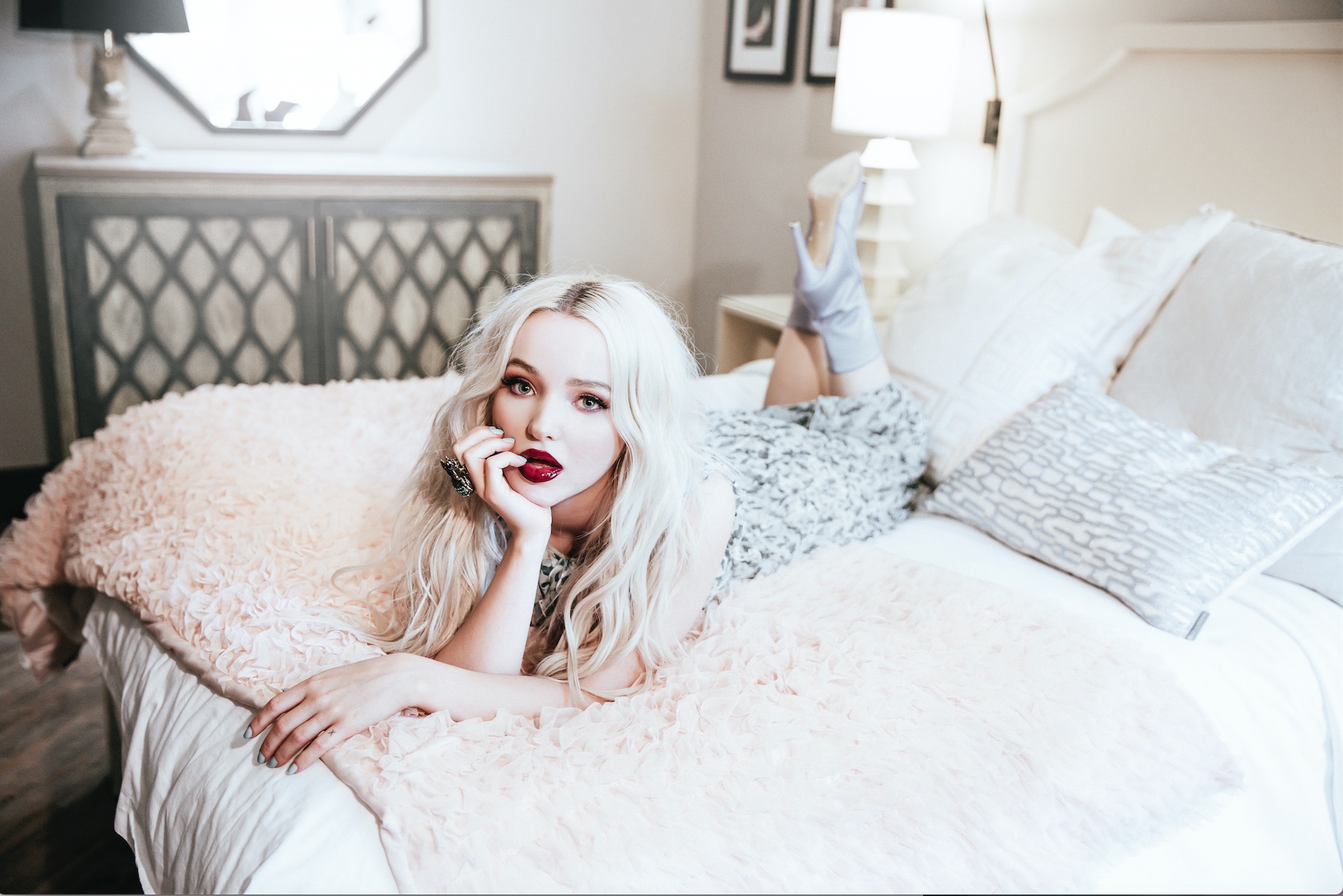 People 1842x1230 Dove Cameron women actress singer blonde lipstick in bed lying on front long hair women indoors green eyes painted nails red lipstick