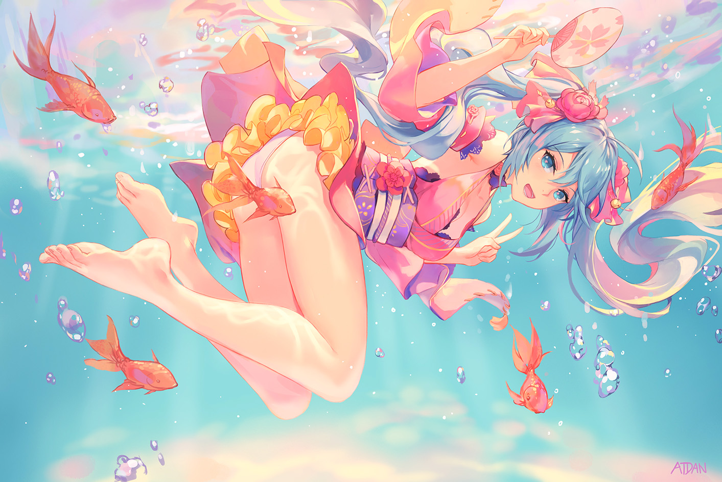 Anime 1413x945 Hatsune Miku underwater goldfish Atdan Vocaloid anime