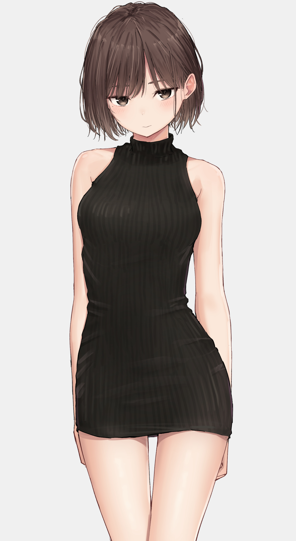 Anime 1153x2106 anime anime girls digital art artwork 2D portrait display black dress simple background short hair brunette brown eyes dress sweater dress Zuima