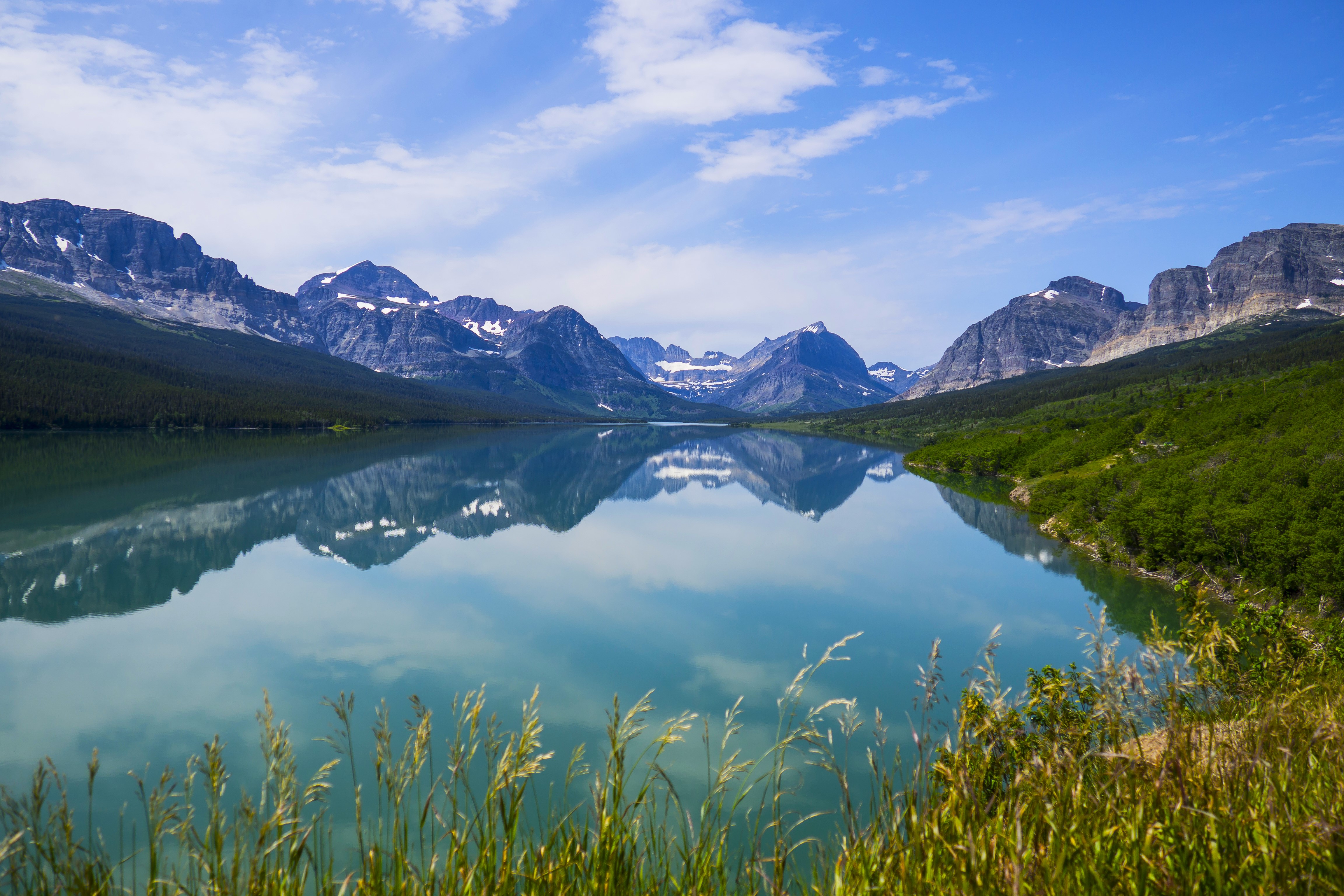 General 4608x3072 nature landscape sky clouds mountains trees forest grass water reflection snow lake Glacier National Park USA Birgit Mischewski