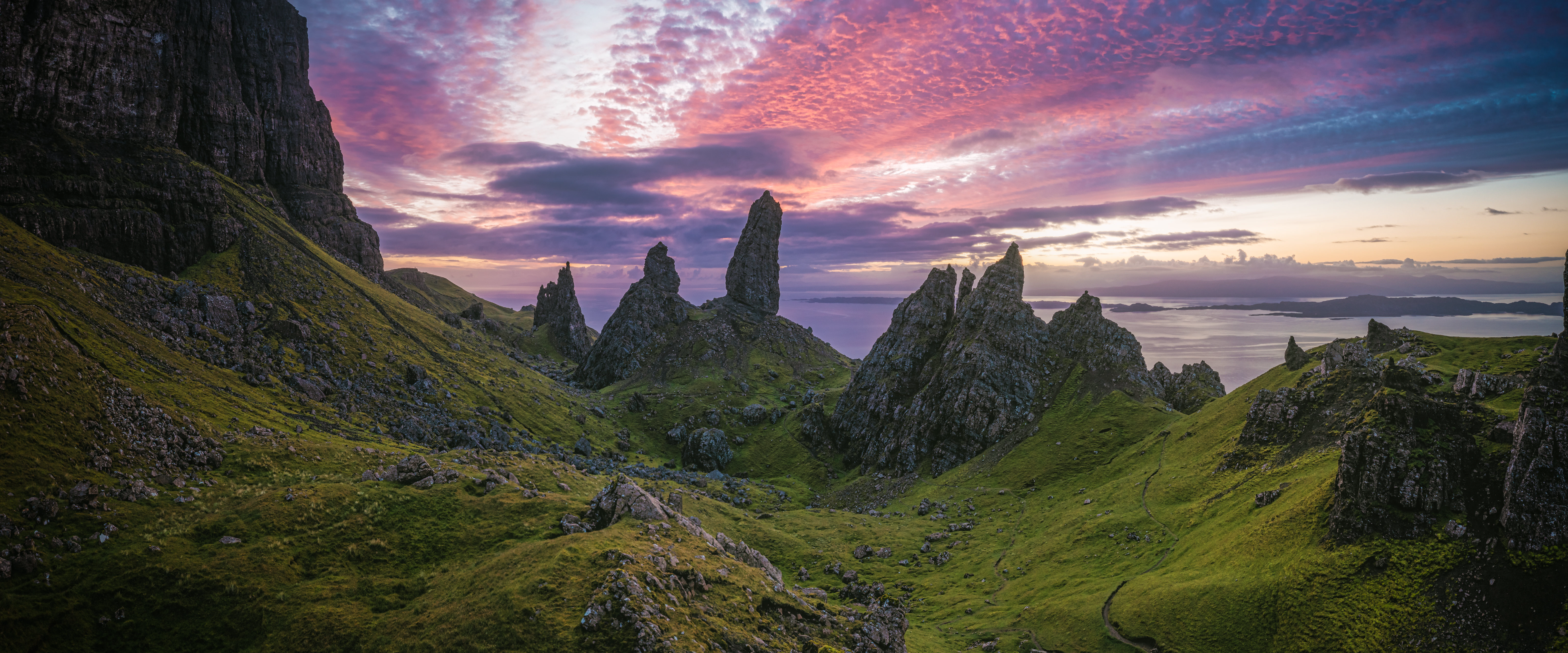 General 3840x1600 nature landscape mountains rocks clouds sky grass sunset The Storr Scotland