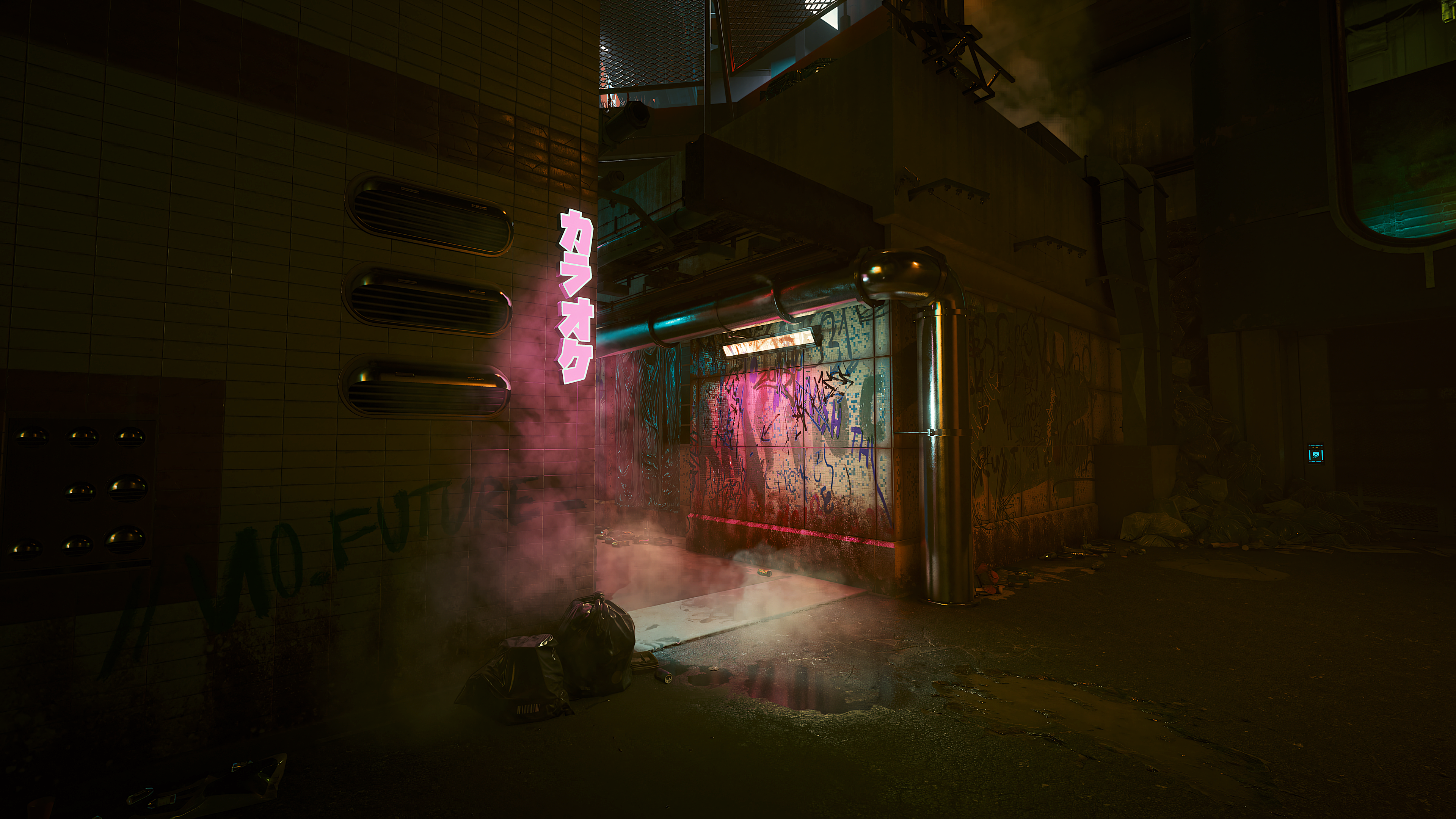 General 3840x2160 alleyway street art street graffiti pipes fog neon lights night trash Cyberpunk 2077 cyberpunk video games video game art