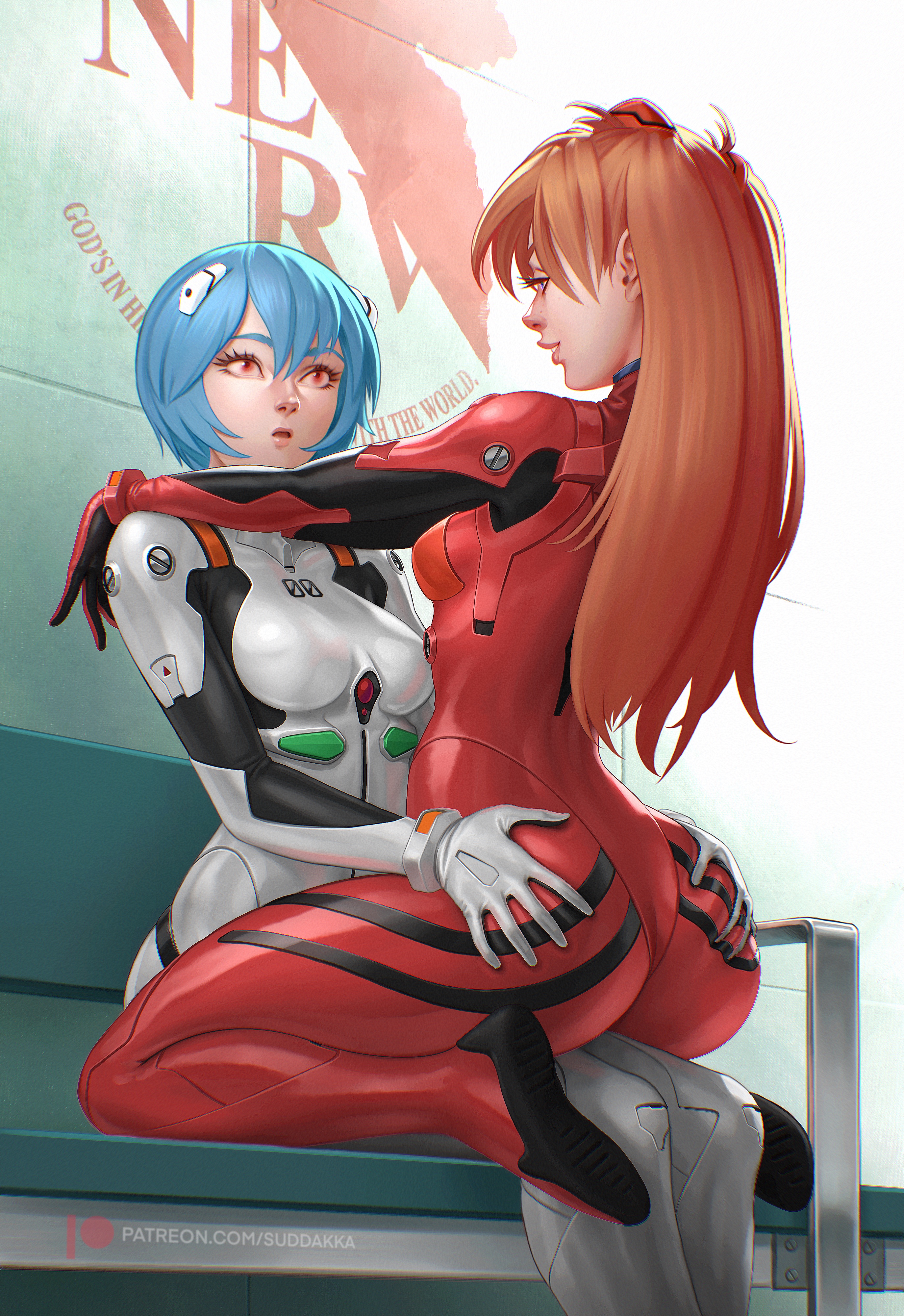 Anime 2748x4000 Suddakka Neon Genesis Evangelion Asuka Langley Soryu Ayanami Rei hands on ass plugsuit blue hair frontal view rear view long hair short hair sitting sitting backwards multiple characters anime girls looking away blue eyes red eyes freckles on bench watermarked thighs whole body bent legs girl sitting on girl profile parted lips spread legs straddling straight hair kneeling