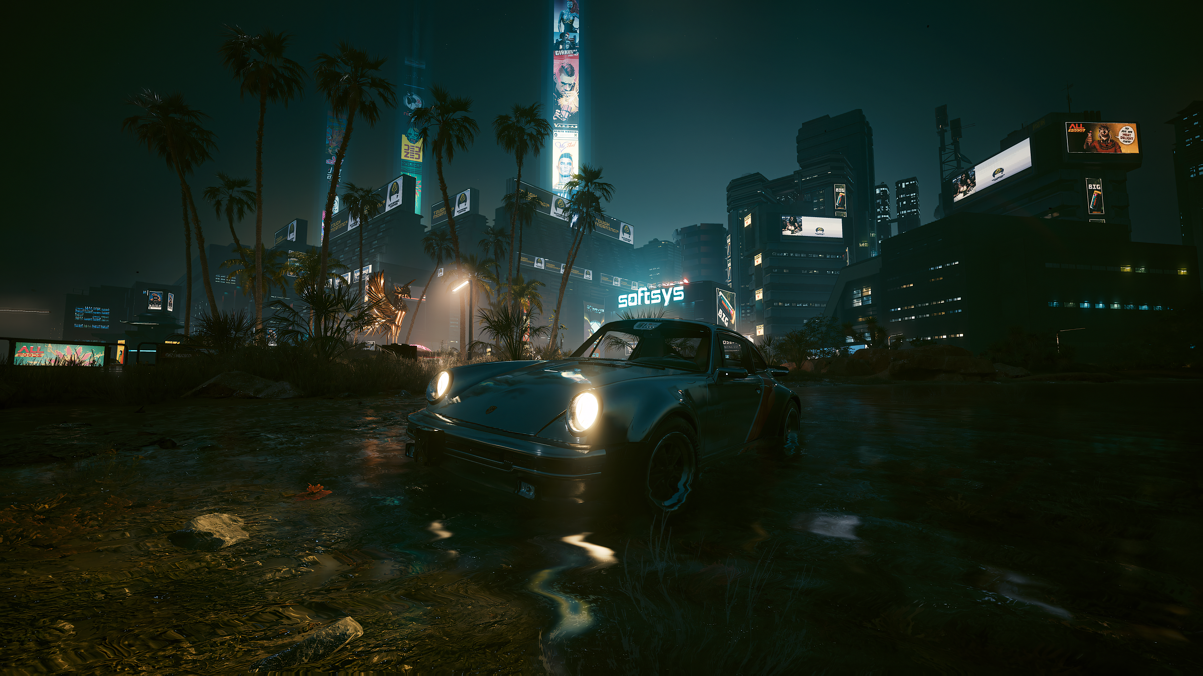 General 3840x2160 Cyberpunk 2077 car water palm trees city Porsche 991 video games video game art dark night hologram lamp reflection