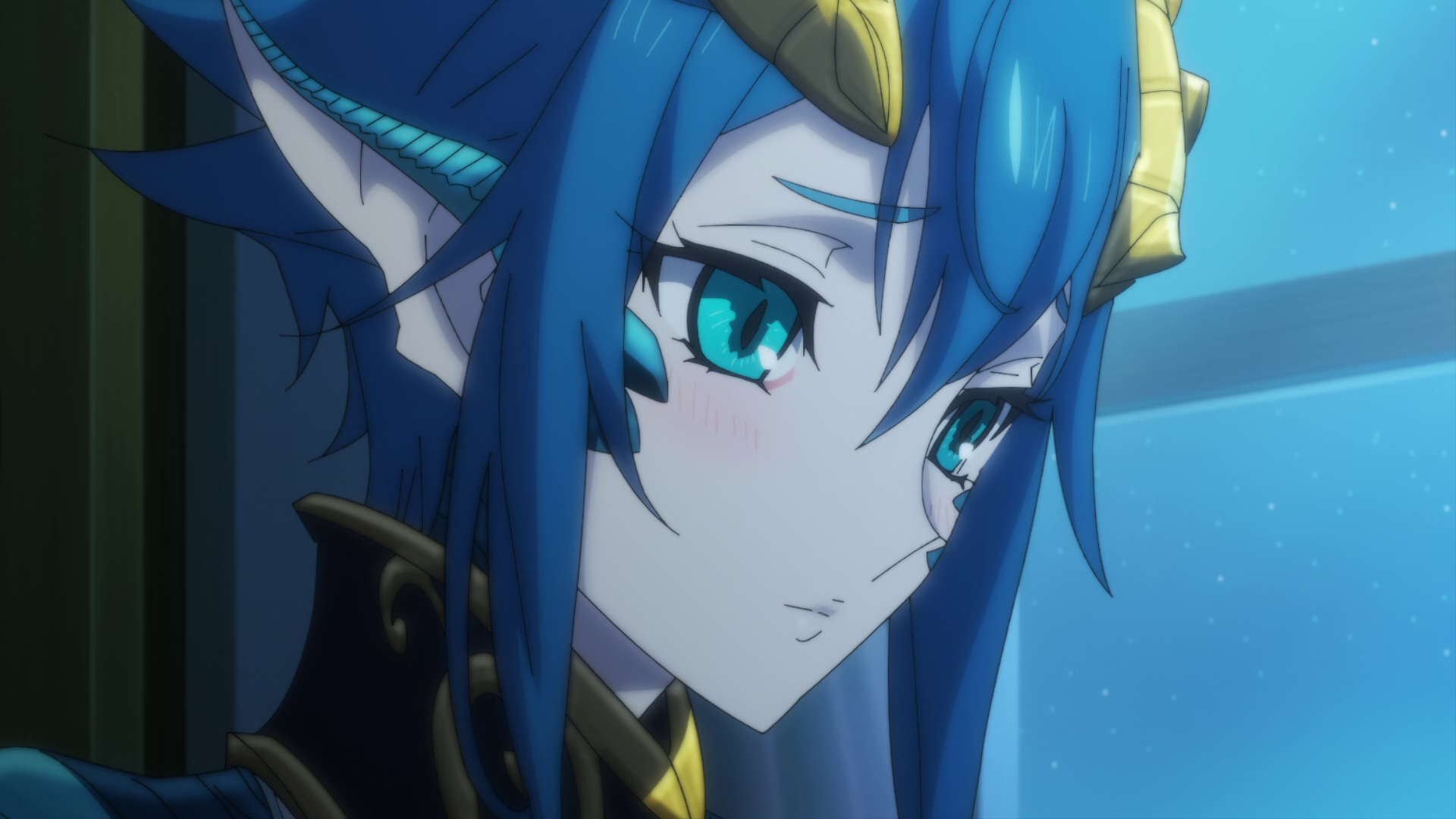 Anime 1920x1080 Monster Musume no Oisha-san Skadi Dragenfelt dragon girl horns blue hair blue eyes pointy ears blushing anime screenshot anime girls collar window monster girl