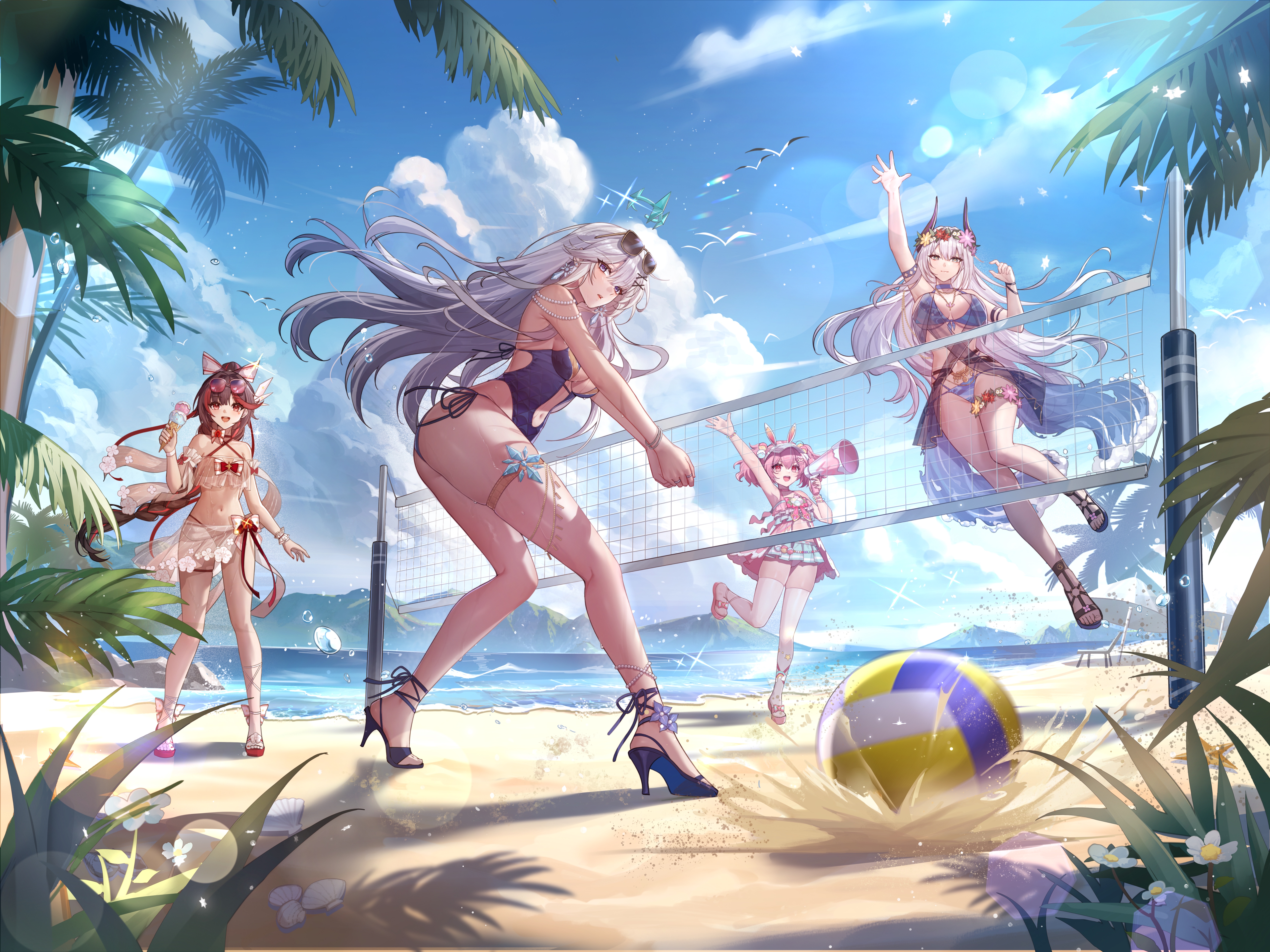 Anime 6835x5127 Tower of Fantasy long hair Anka (Tower of Fantasy) women quartet swimwear group of women cleavage one-piece swimsuit heels looking at viewer thighs women on beach bikini palm trees megaphones beach umbrella cumulus high heels hair ornament water drops one arm up ice cream looking back jumping flower in hair sky clouds sand