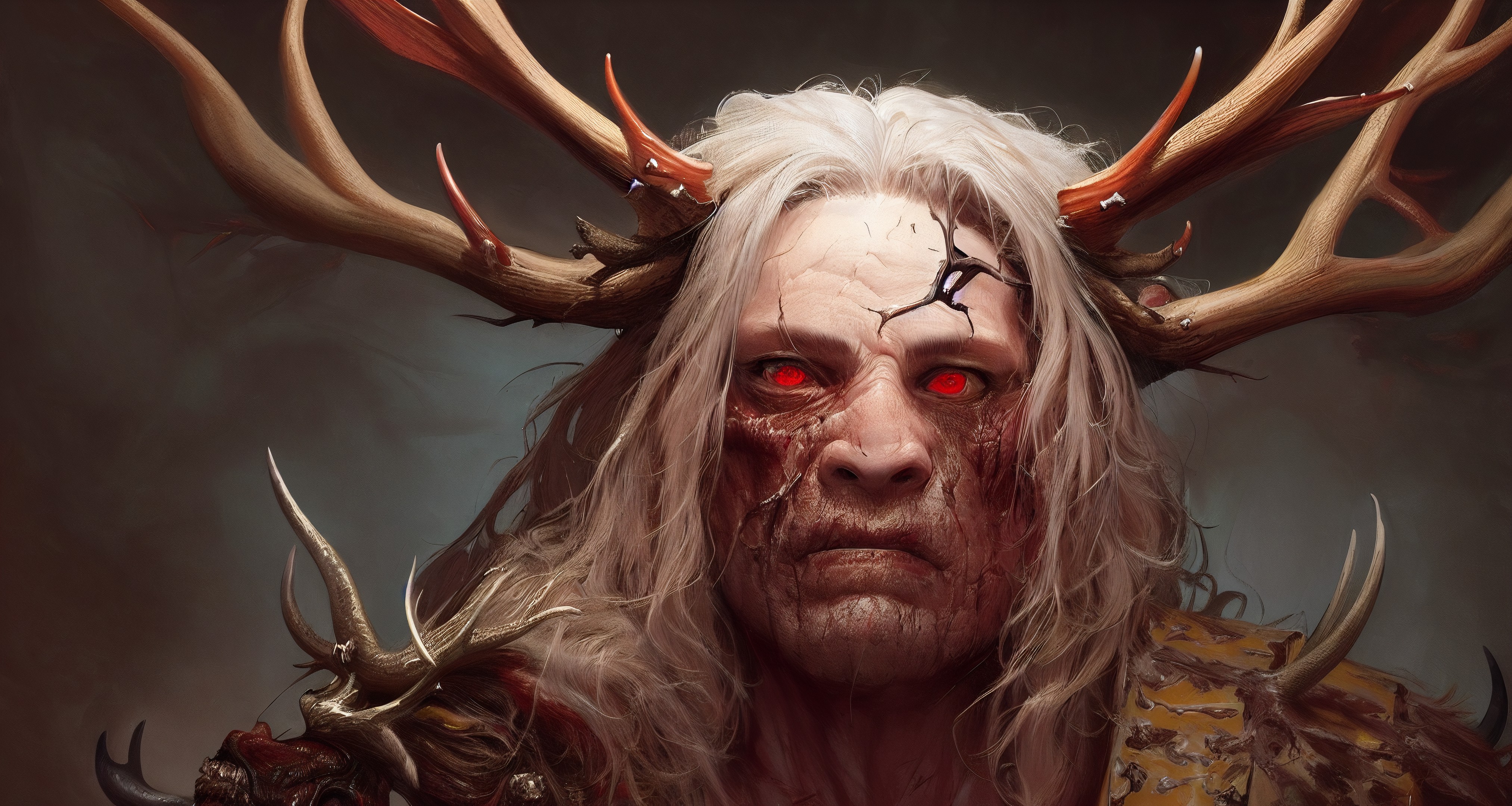 General 4050x2160 fantasy men antlers red eyes white hair looking at viewer angry face messy hair scars fantasy art horns AI art Stable Diffusion