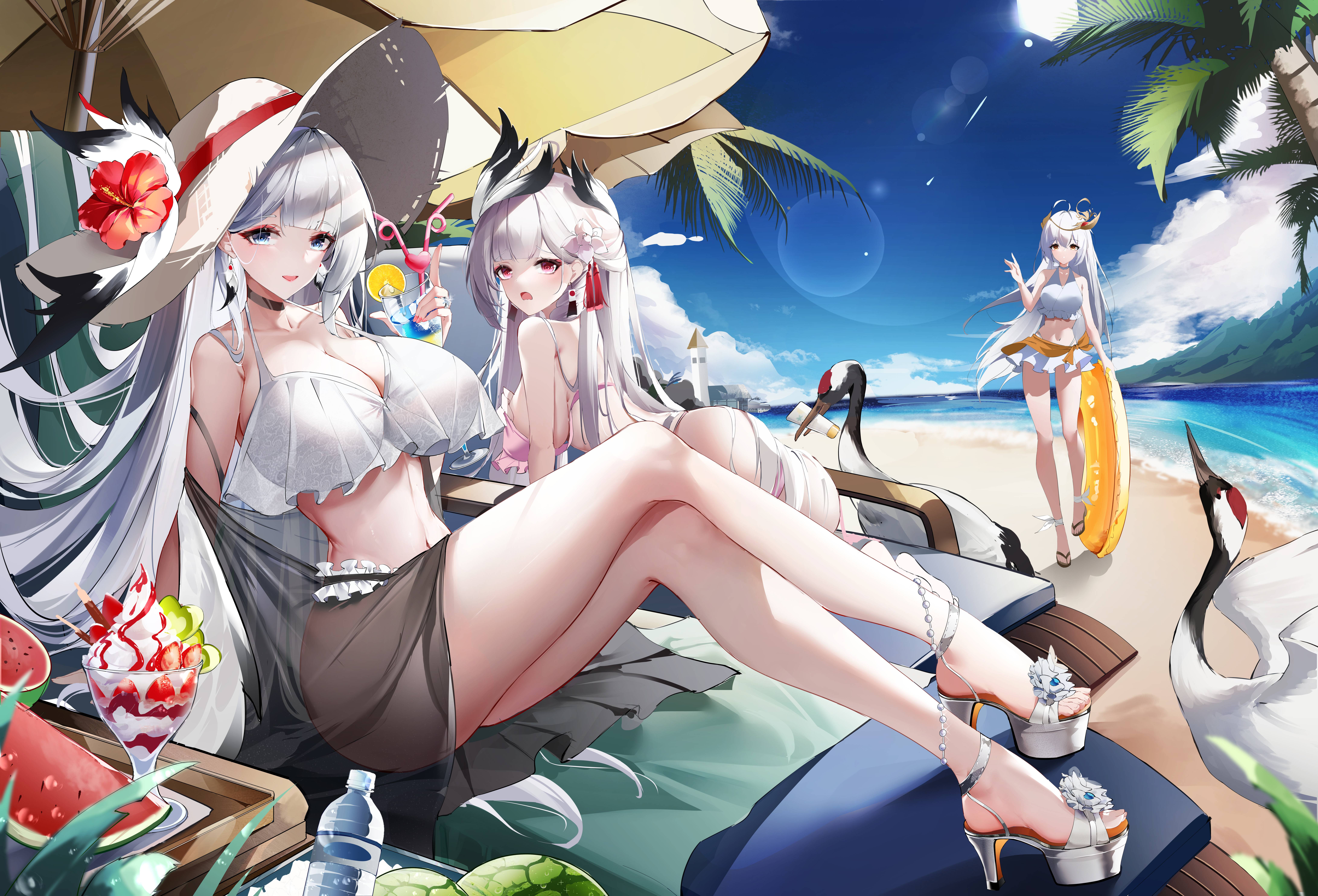 Anime 8735x5941 anime anime girls swimwear straw hat hat watermelons geese big boobs floater water beach ice cream water bottle legs crossed heels silver hair umbrella hibiscus cocktails palm trees parasol sunbed cleavage