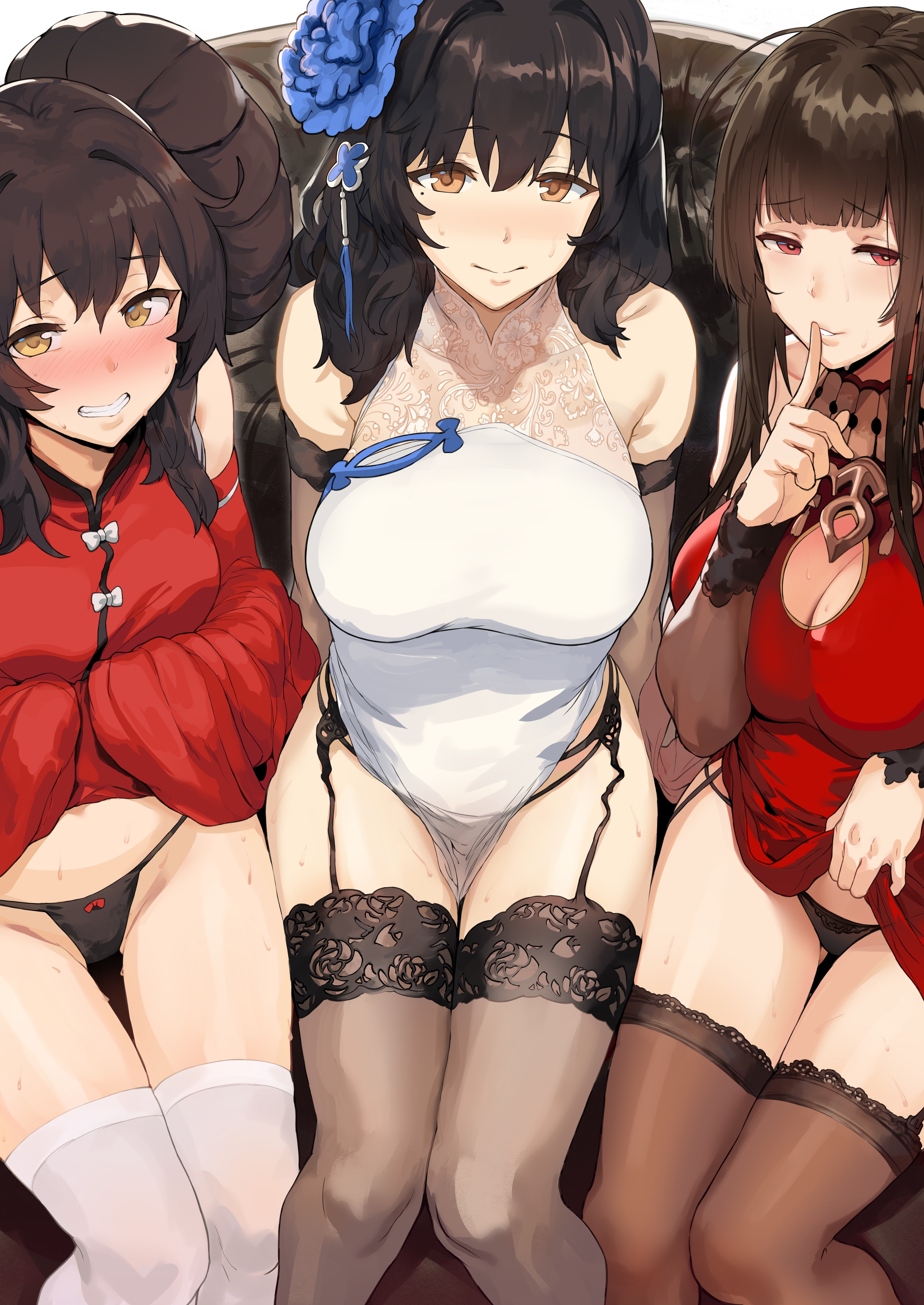 Anime 3583x5059 anime anime girls stockings panties garter belt blushing lifting clothes flower in hair Girls Frontline Type 97 (Girls Frontline) Type 95 qbz-95 (Girls Frontline) DSR-50 (Girls Frontline)