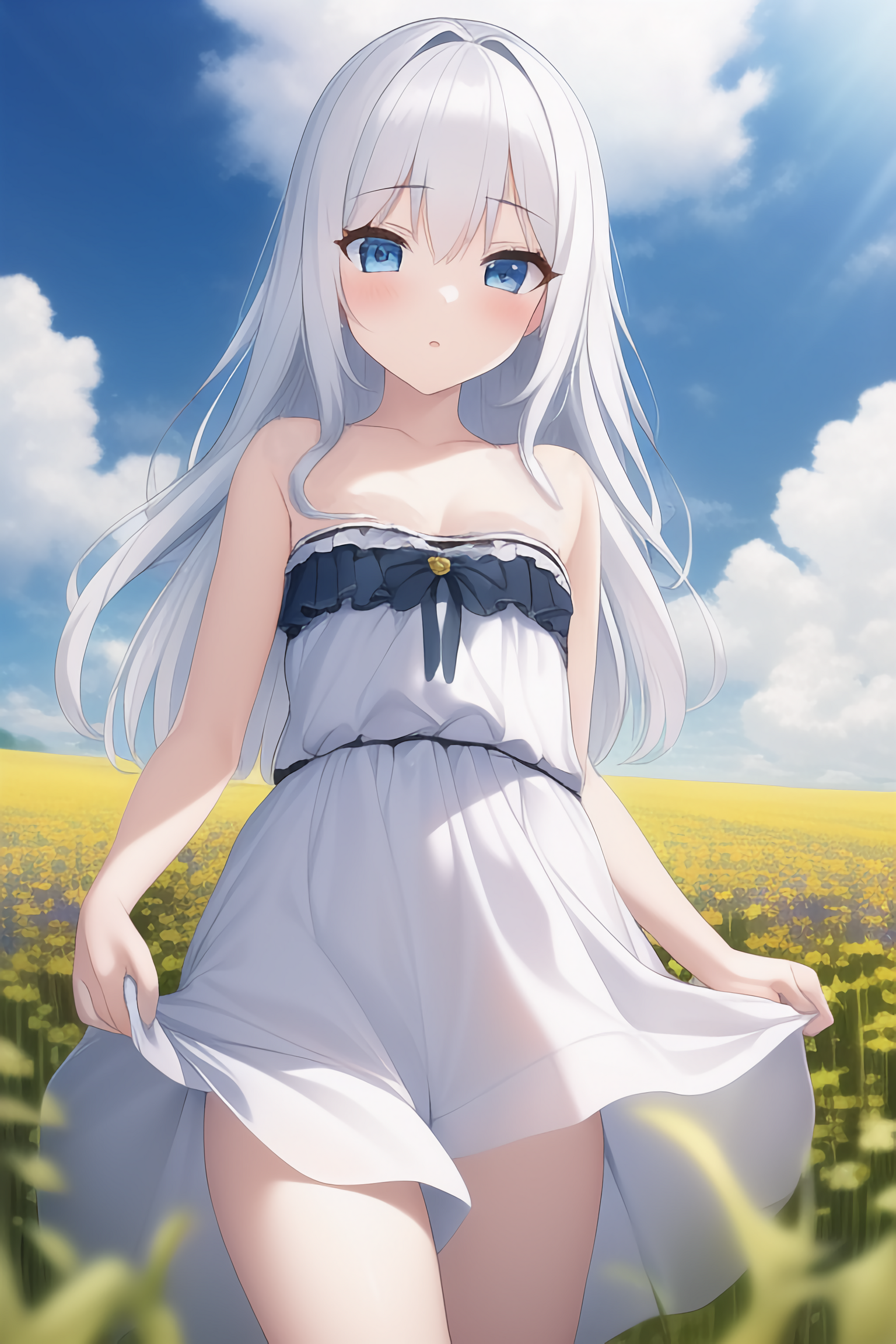 Anime 1536x2304 anime AI art anime girls _flowerbomb_ skirt silver hair blue eyes lifting dress flowers clouds blushing
