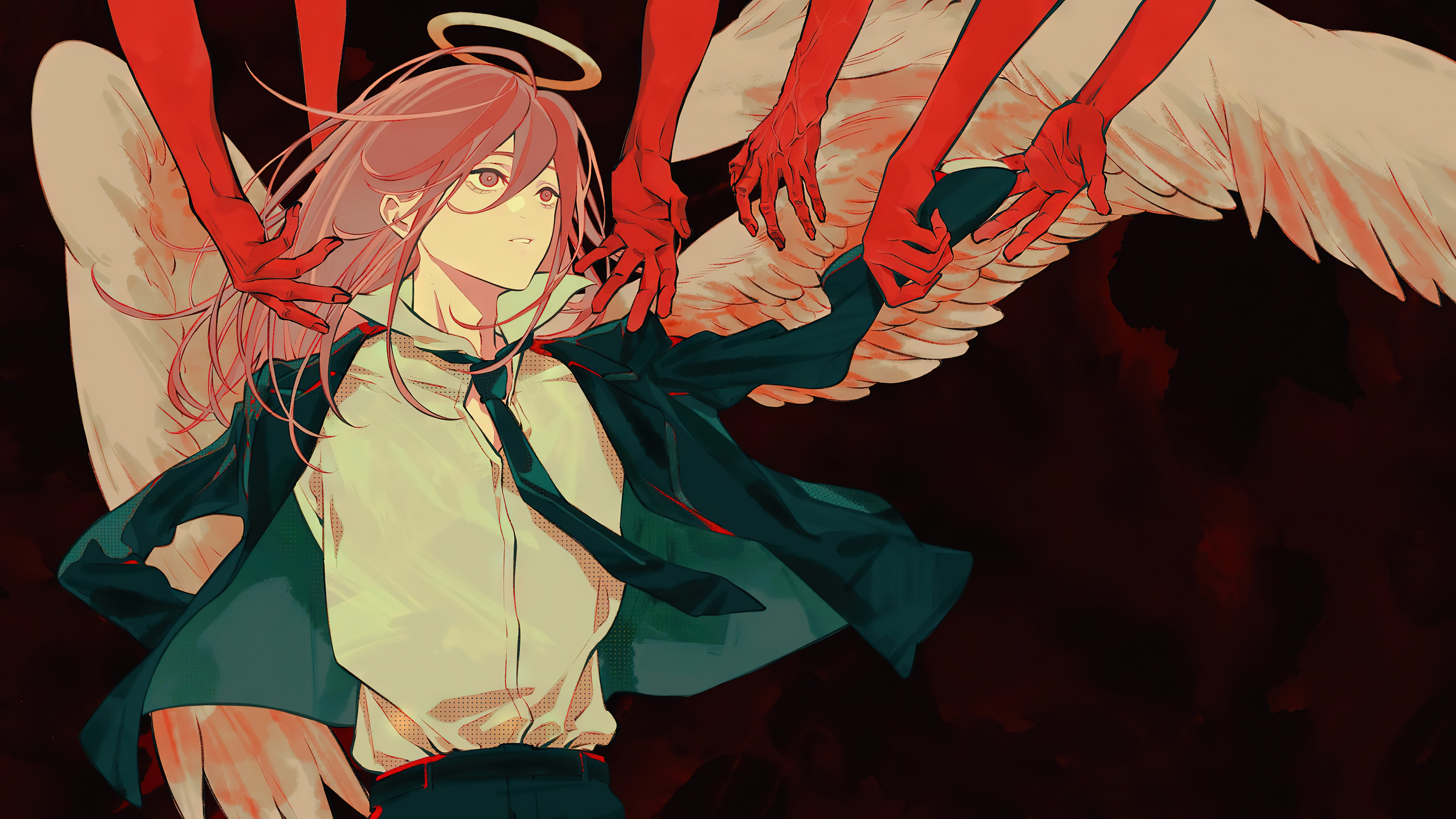 Anime 3840x2160 Chainsaw Man Angel Devil redhead arms halo wings red background anime girls