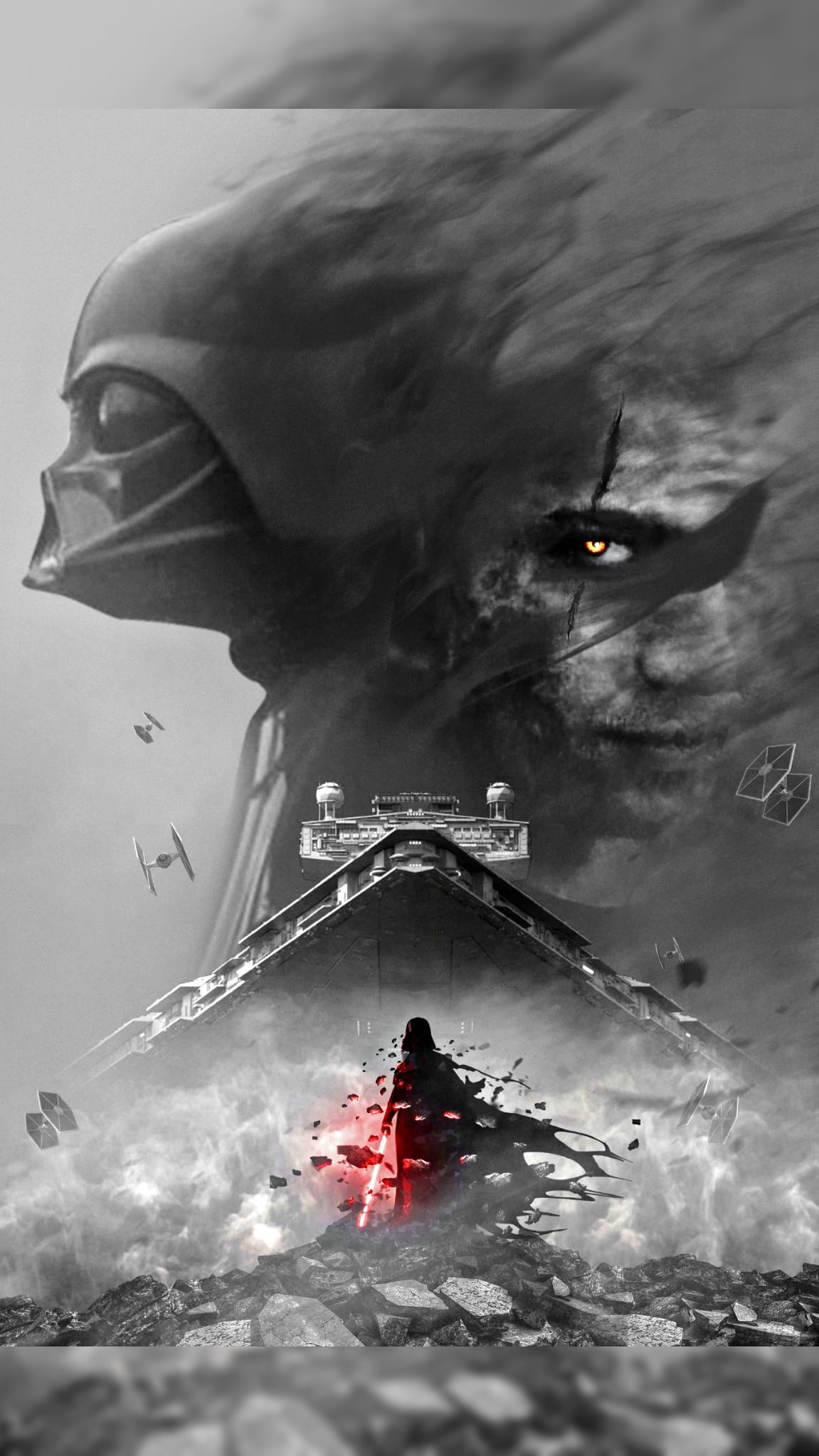 General 1151x2047 Star Wars Star Destroyer TIE Fighter Darth Vader monochrome selective coloring fantasy art