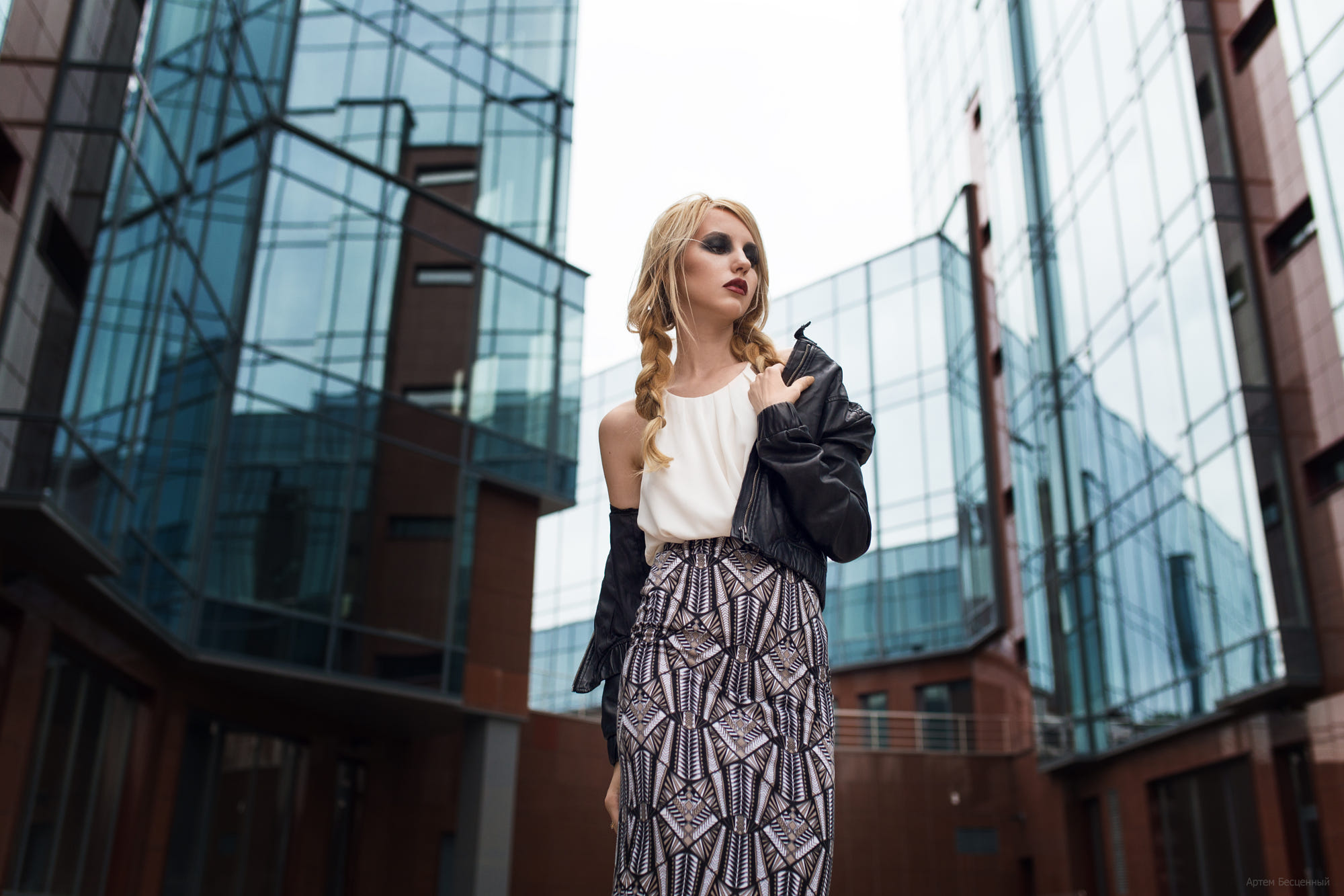 People 2000x1333 blonde city skyscraper jacket leather model portrait street dress twintails Artem Bestsenny women