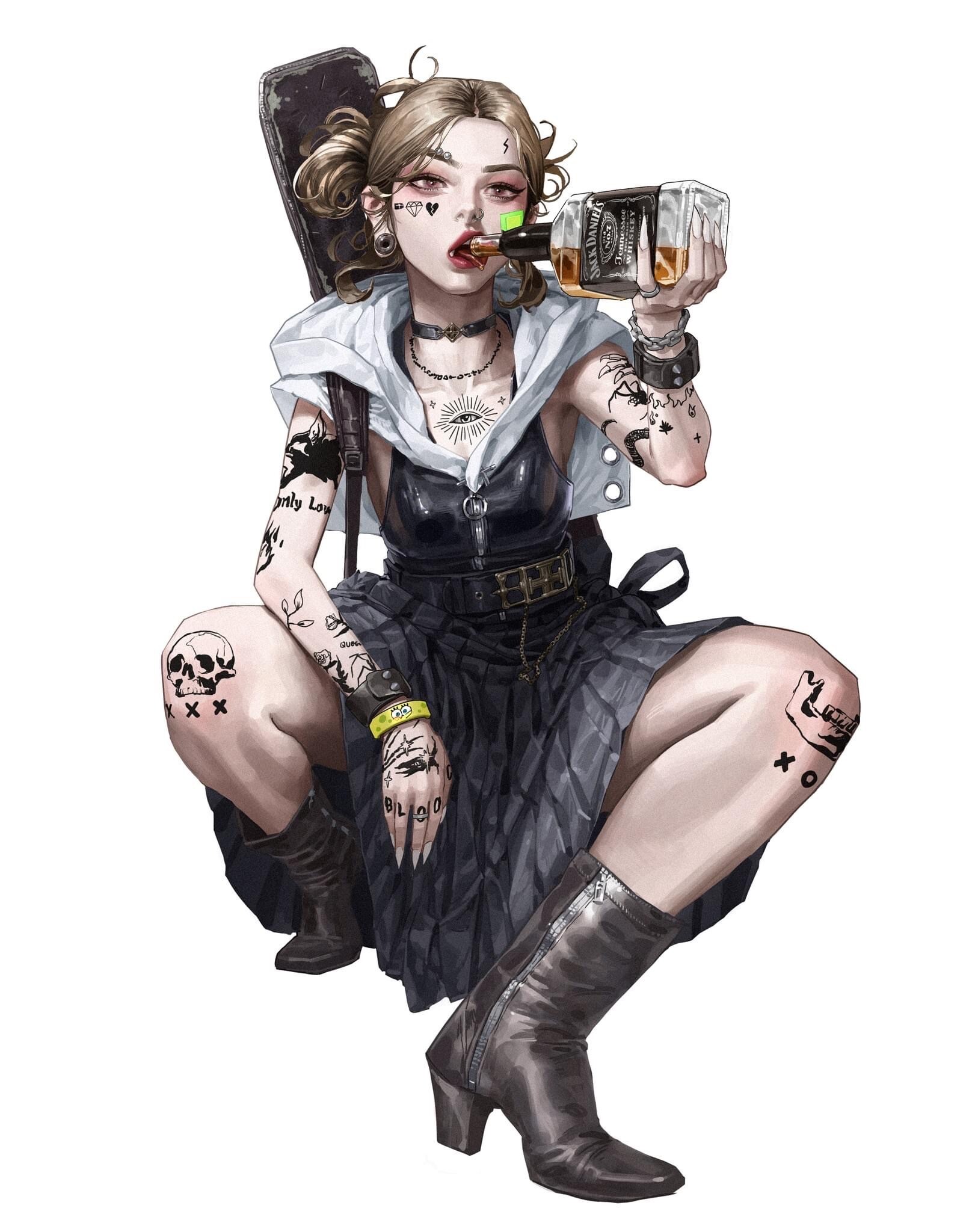 General 1621x2048 artwork women white background simple background bottles alcohol food Jack Daniel's brand Heart (Tattoo) open mouth vampires fantasy girl blonde looking at viewer inked girls tattoo drinking minimalism