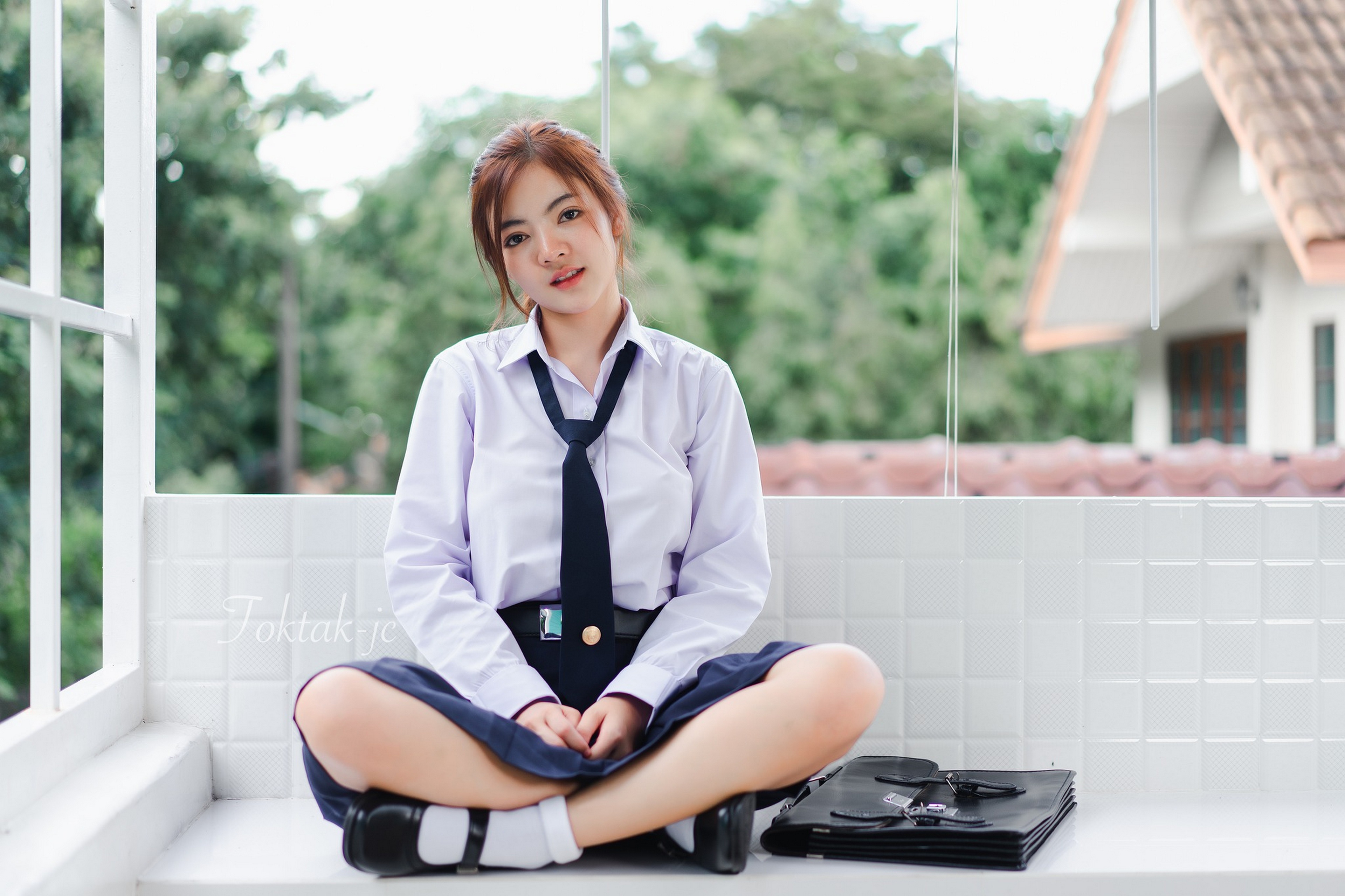 People 3840x2559 Asian women women outdoors school uniform socks white socks short socks shoes leather shoes collared shirt long sleeves sitting watermarked legs crossed tie looking at viewer parted lips depth of field