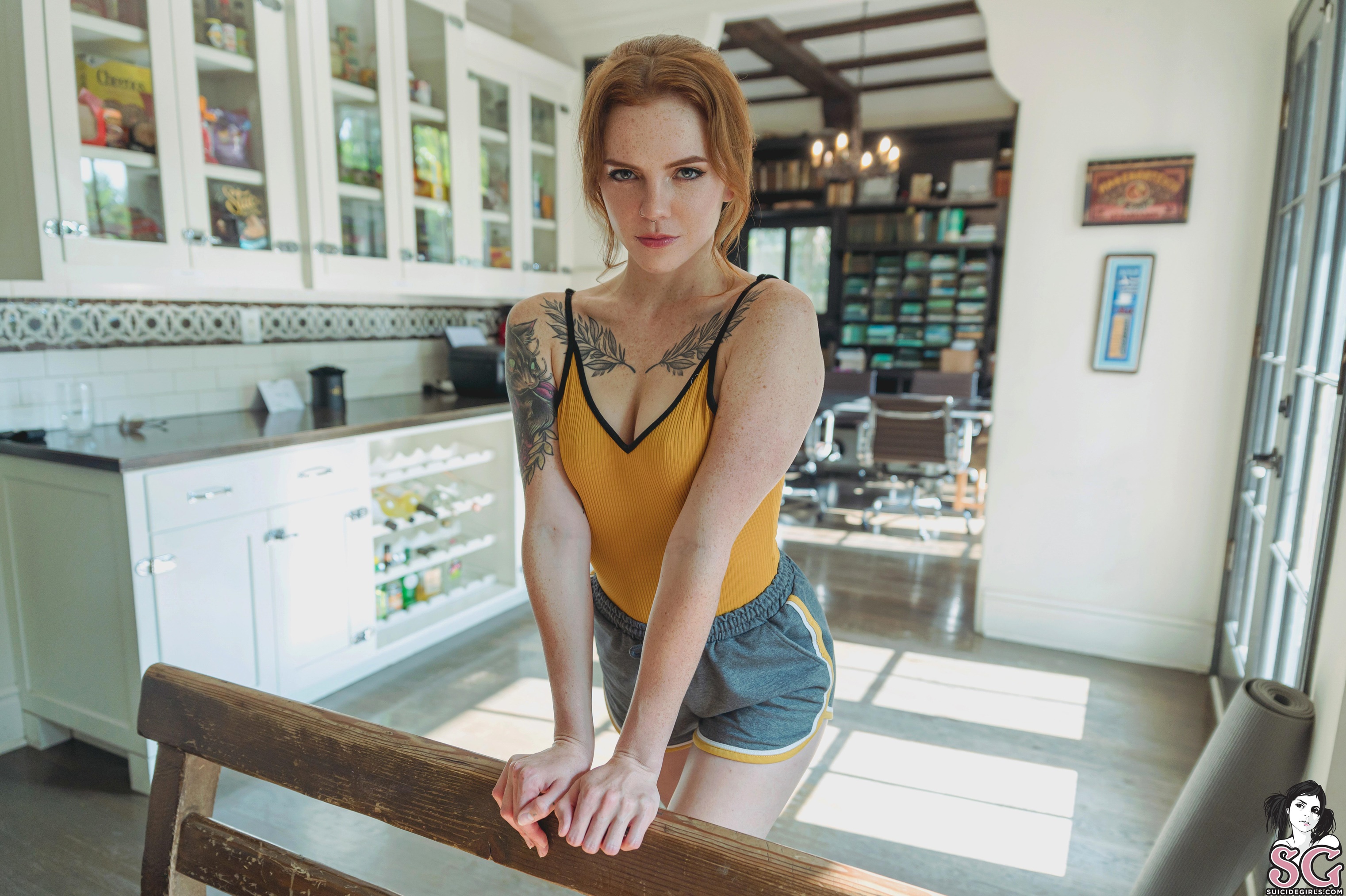 People 3043x2025 Bengal suicide women model Suicide Girls women indoors redhead looking at viewer portrait inked girls bokeh kitchen bare shoulders freckles freckles (body) nose ring pierced nose