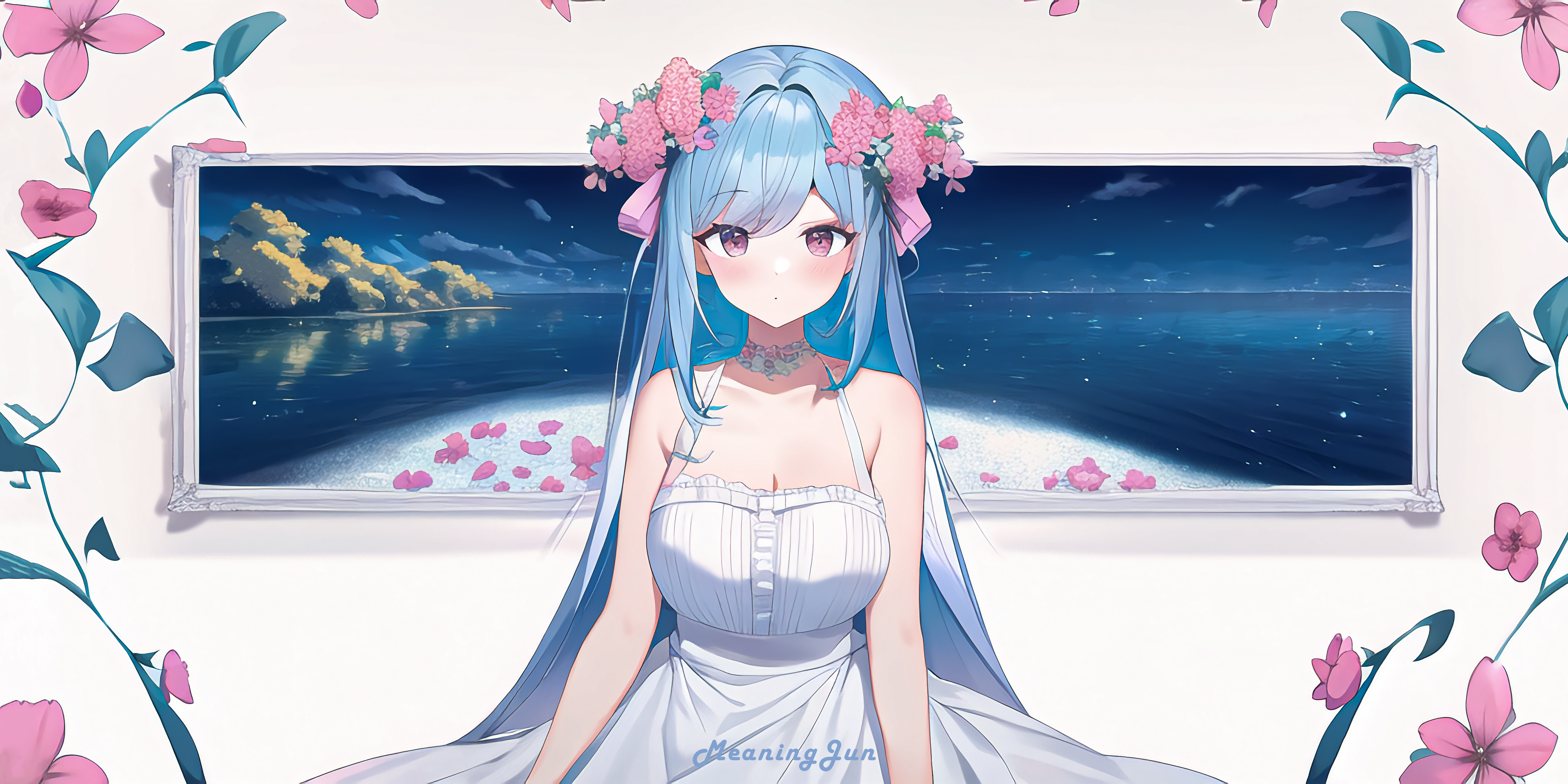 Anime 4096x2048 anime girls anime blue hair petals flower in hair flowers dress long hair