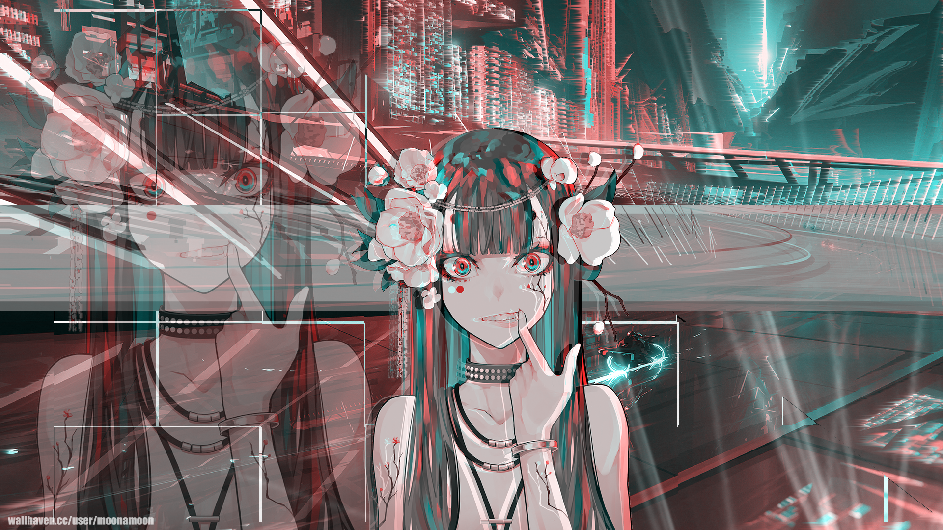 Anime 1920x1080 anime anime girls cyberpunk futuristic red eyes looking at viewer city neon flower in hair multi-colored hair