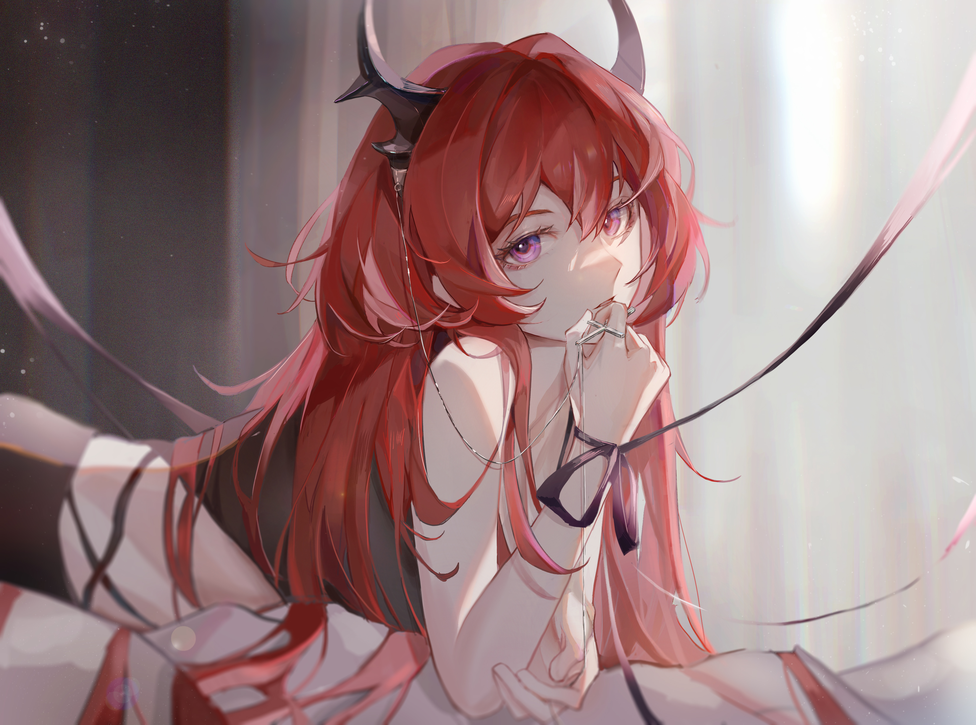 Anime 3300x2453 anime artwork anime girls redhead purple eyes horns long hair lying on front Surtr (Arknights) Arknights