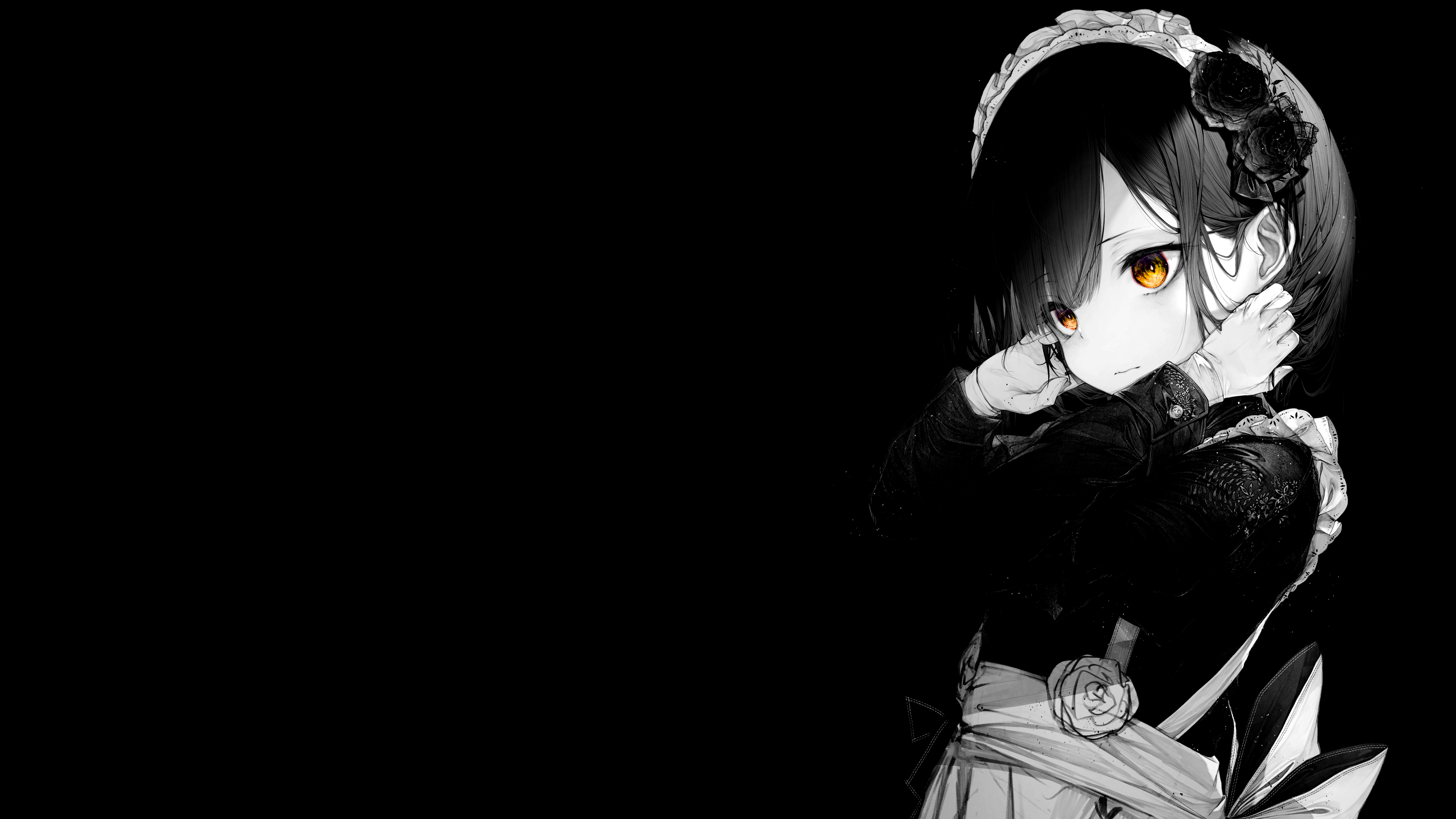 Anime 3840x2160 anime girls selective coloring black background dark background simple background flower in hair maid maid outfit