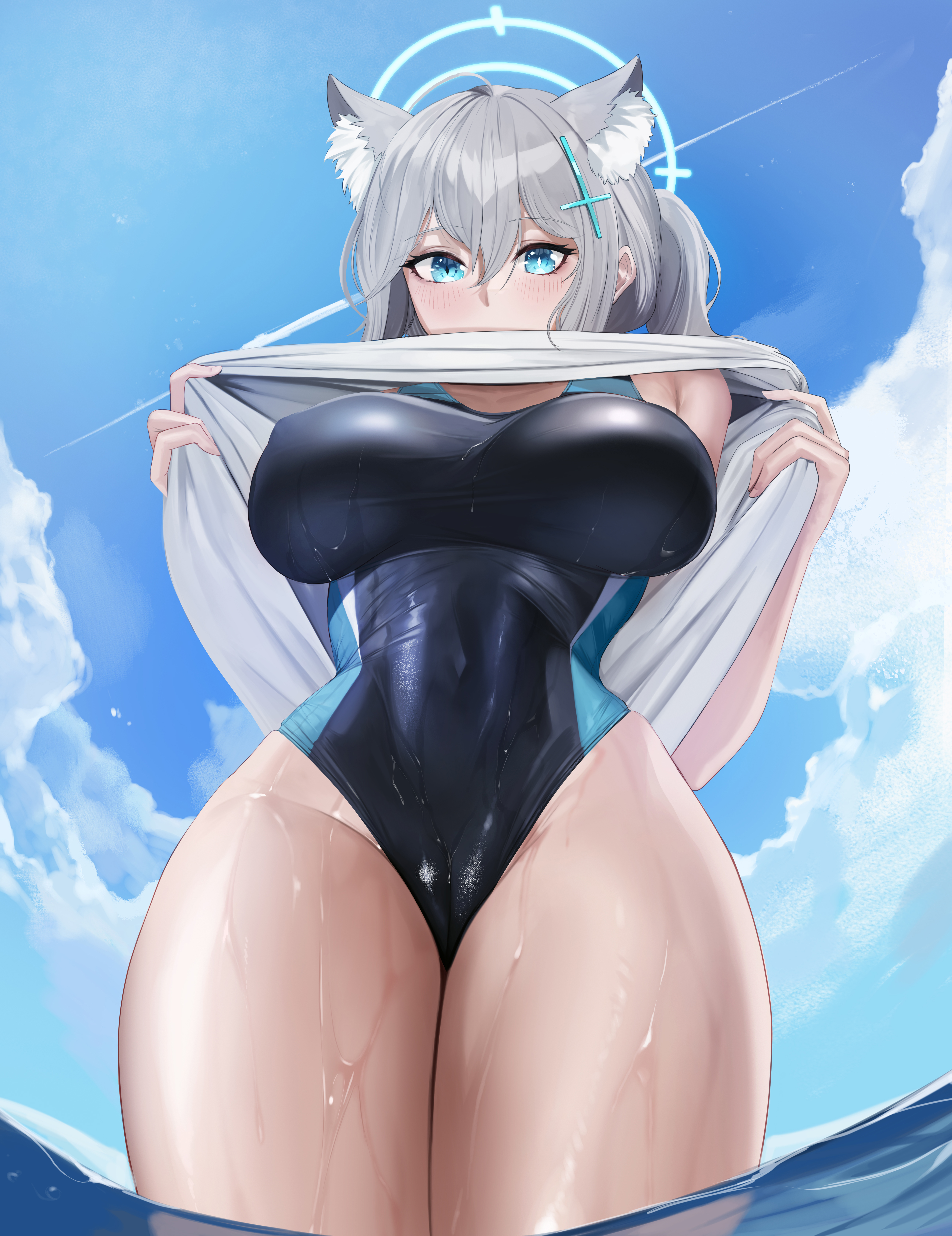 Anime 5018x6514 Blue Archive one-piece swimsuit Shiroko (Blue Archive) thighs anime girls wet body fox girl fox ears water standing in water blue eyes silver hair clouds sky big boobs huge breasts