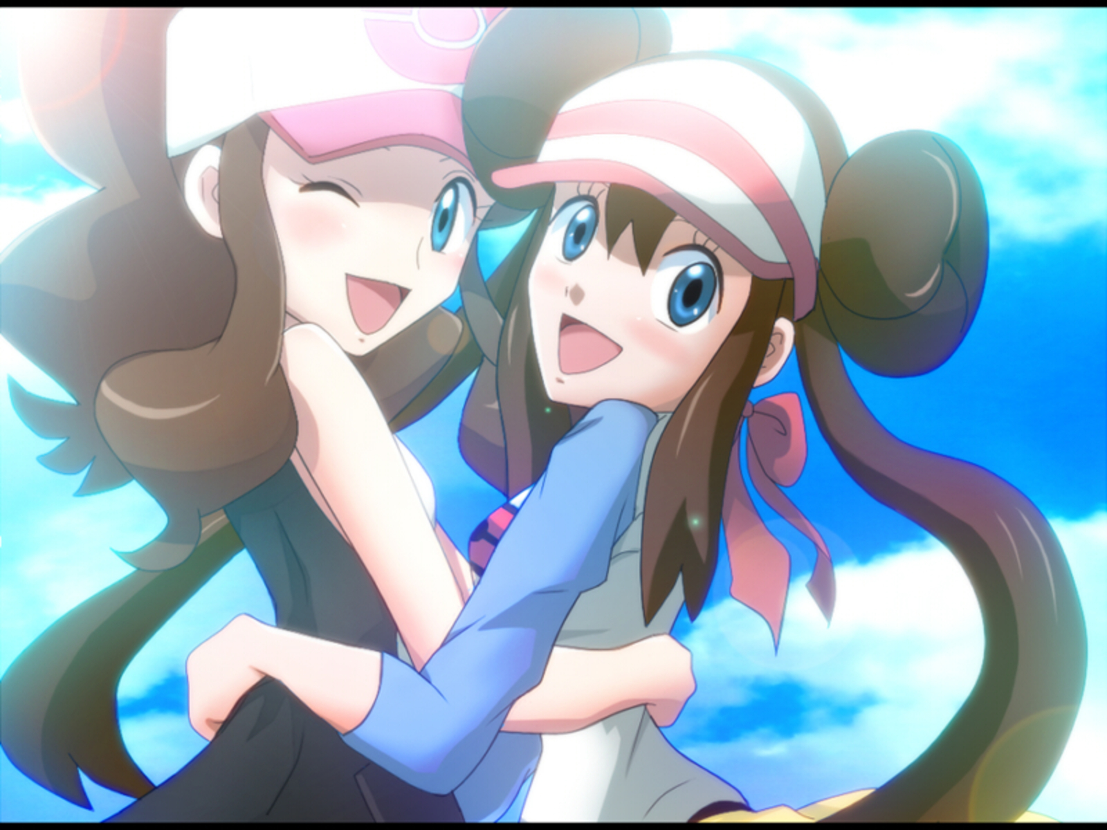 Anime 1600x1200 anime anime girls Pokémon Rosa (Pokémon) Hilda (Pokémon) long hair twintails ponytail brunette two women artwork digital art fan art hat